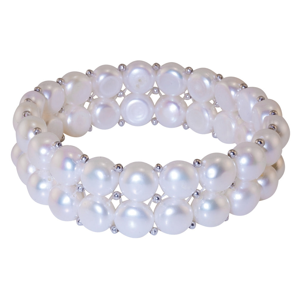 2 Row Flat White Pearl Bracelet Silver