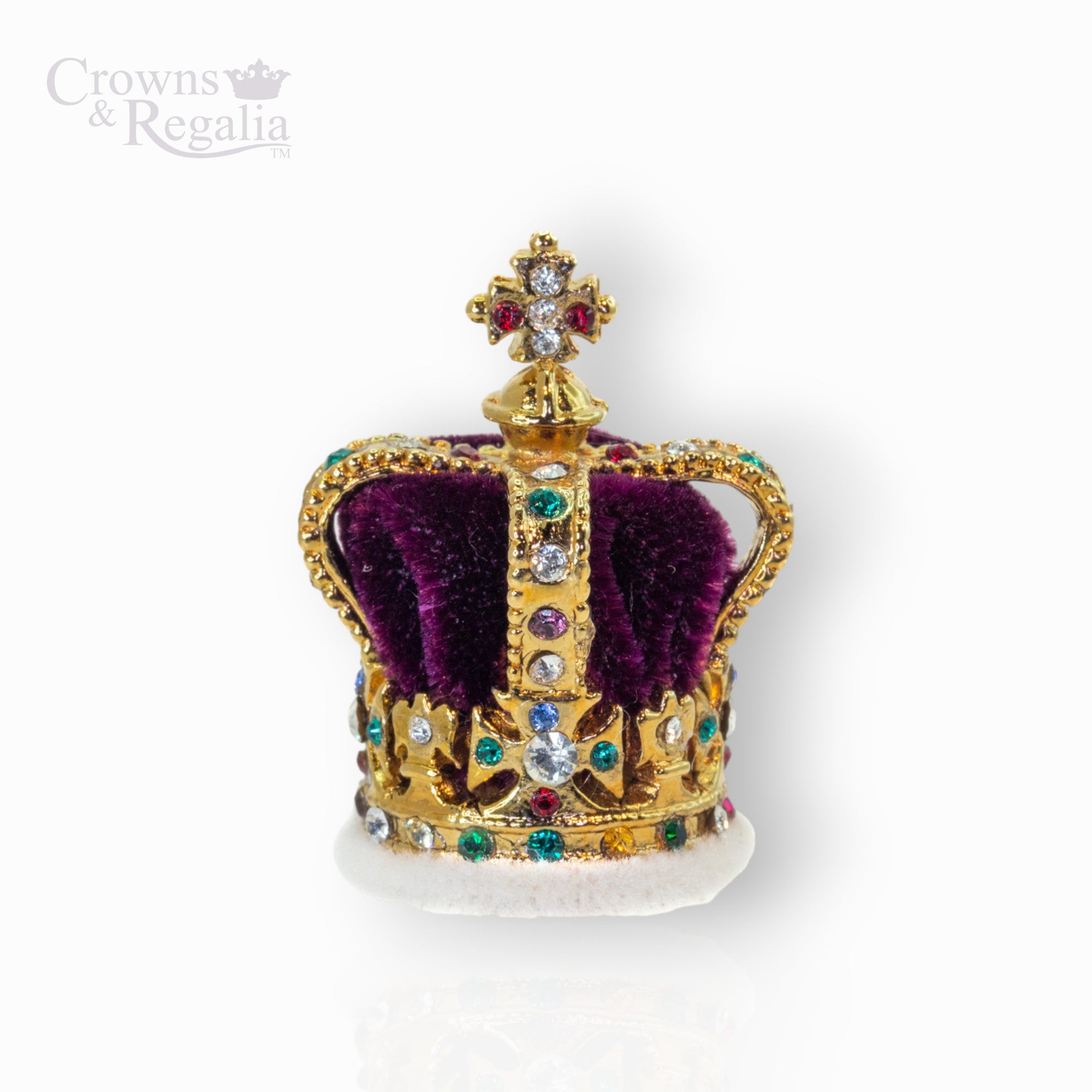 Gold crown with purple velvet interior and gemstones on a white background, branded 'Crowns & Regalia'.