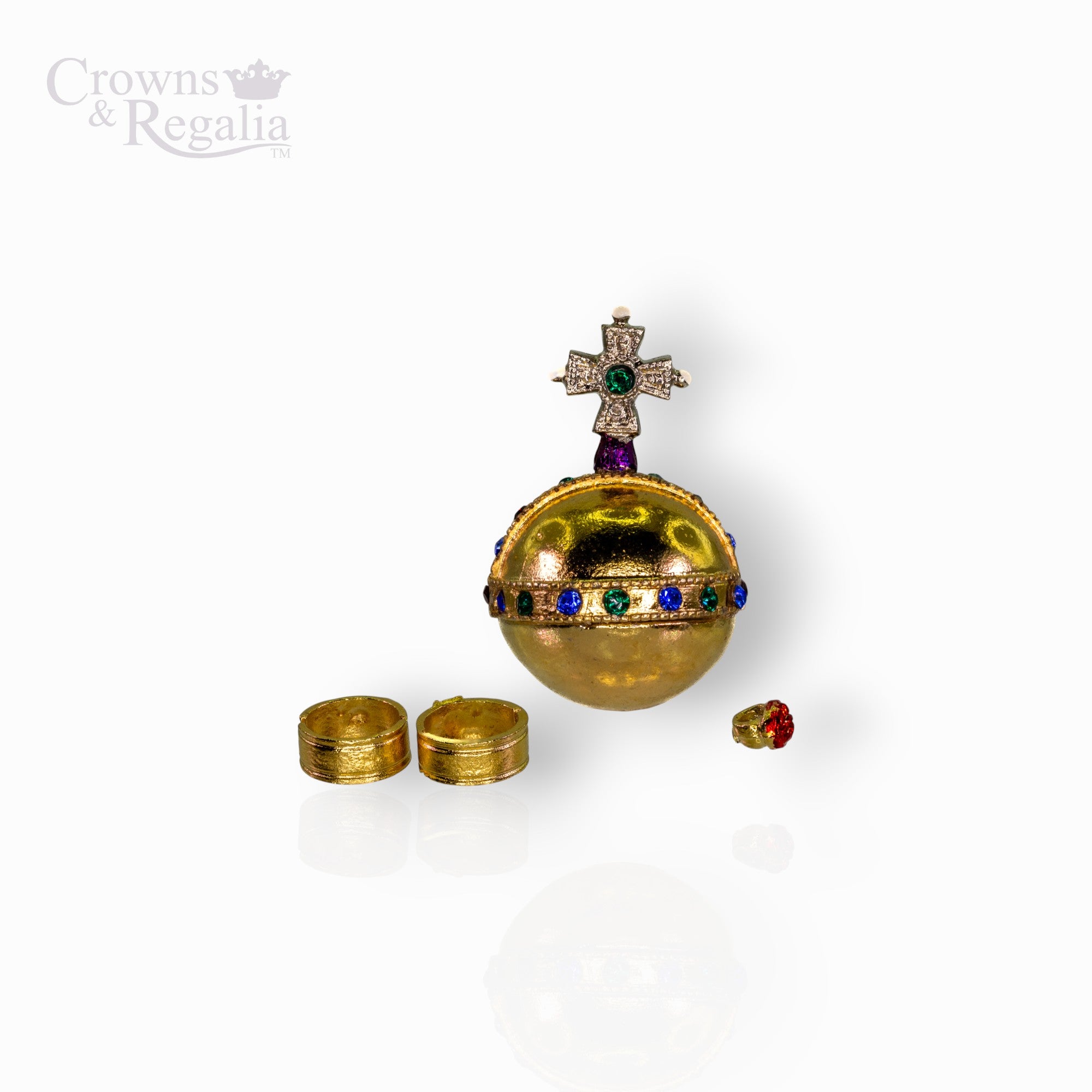 Decorative gold sphere with gemstones and a cross on a white background, branded 'Crowns & Regalia'.