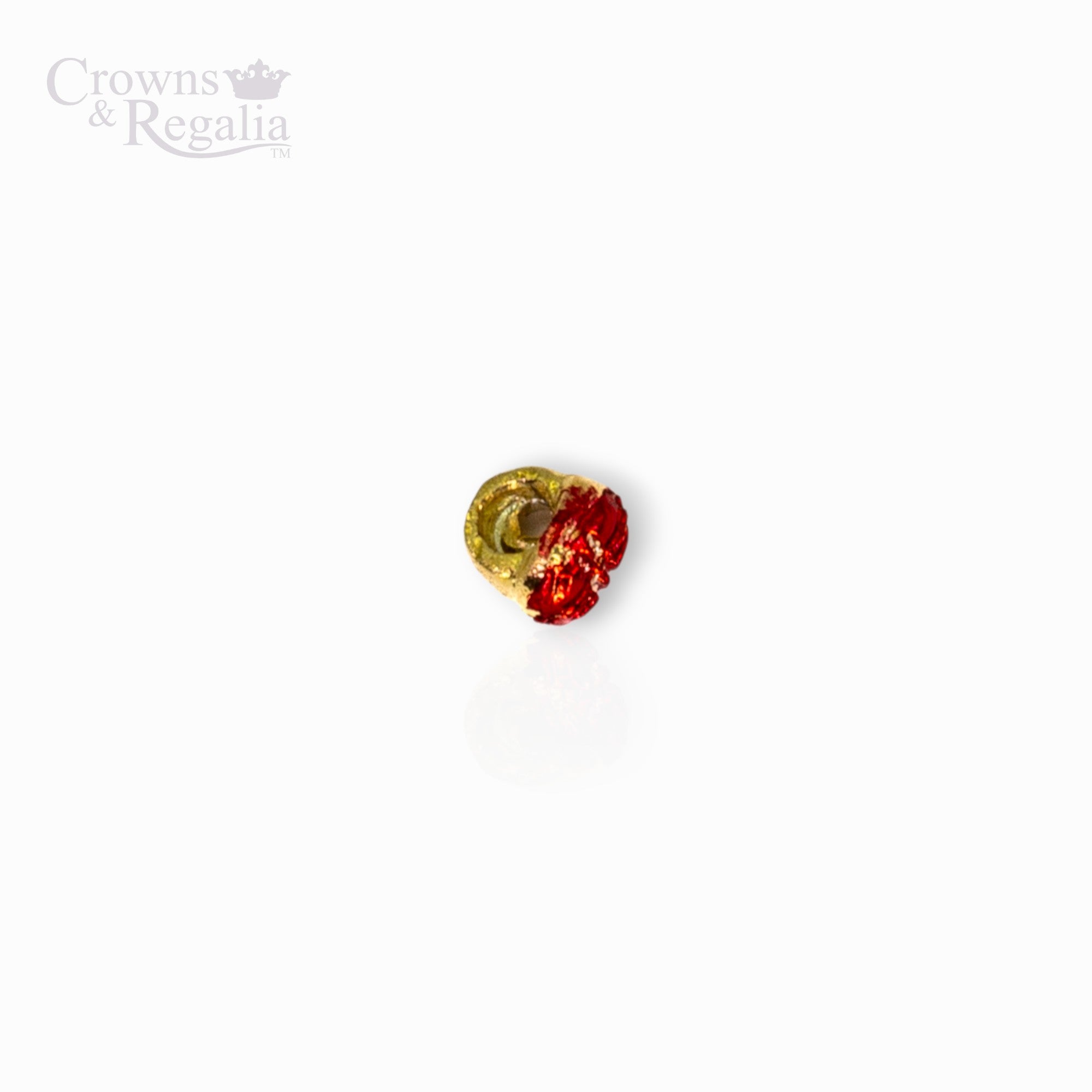 Small red and gold decorative item on a white background with 'Crowns & Regalia' branding.