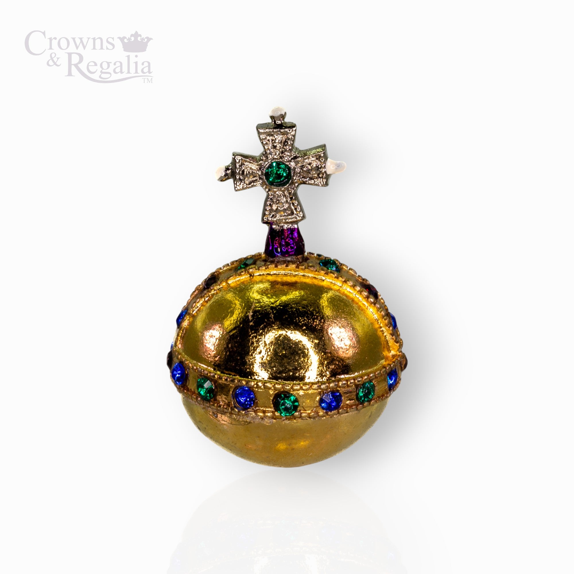 Decorative miniature orb with gemstones on a white background, featuring the brand 'Crowns & Regalia'.