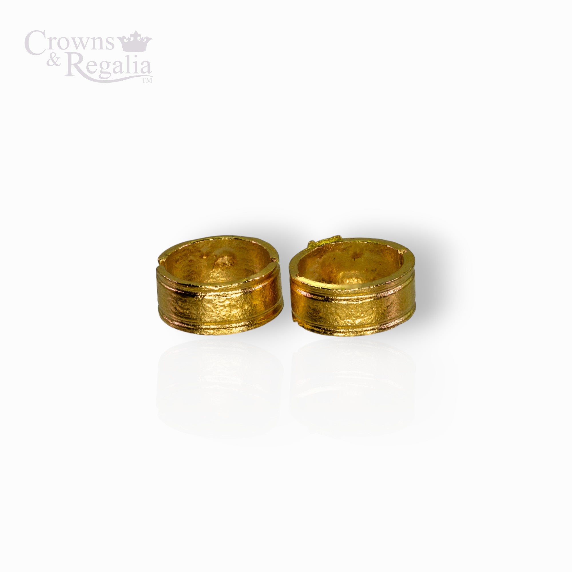 Two gold miniature hoops on a white background with 'Crowns & Regalia' branding.