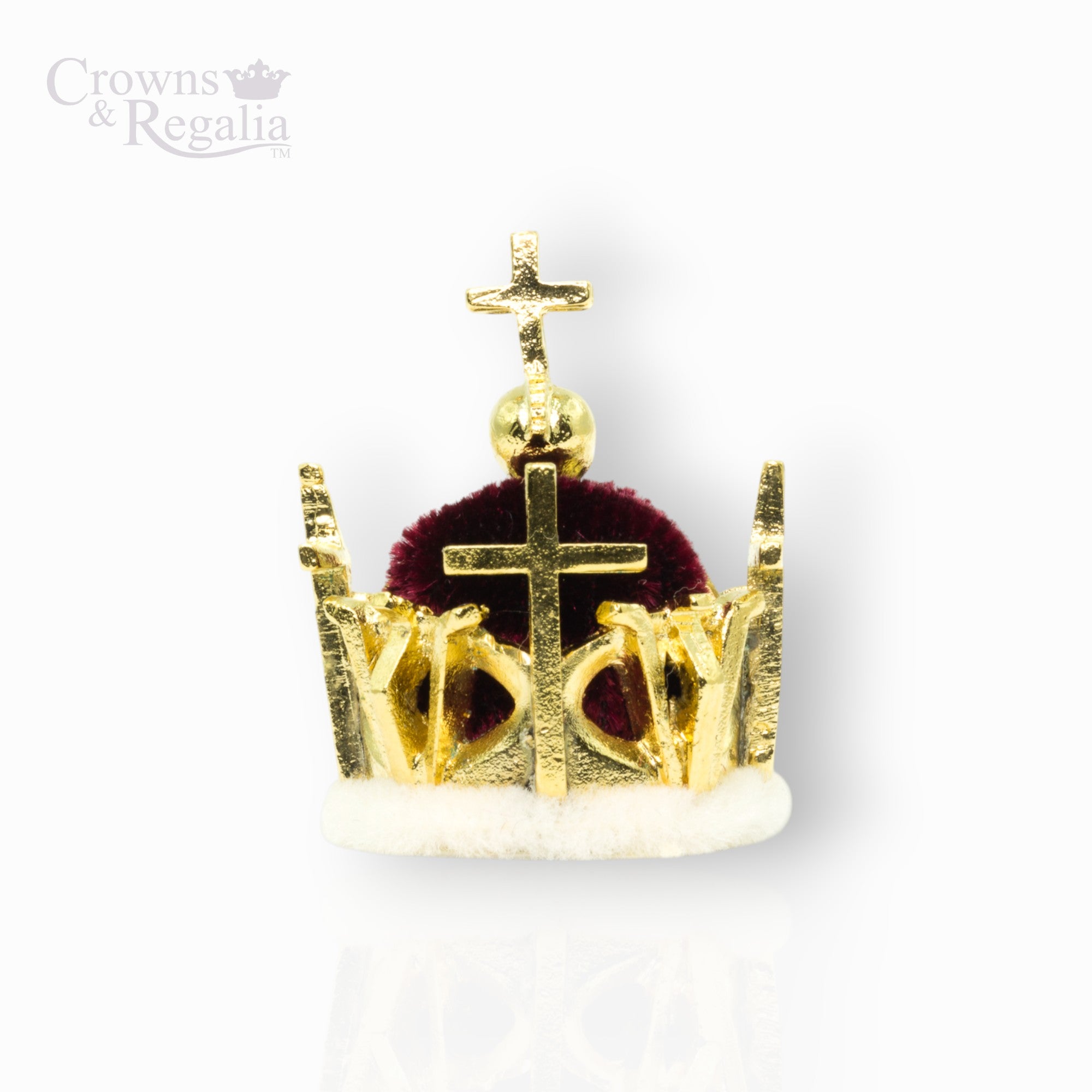 Gold crown with a cross on a white background, featuring 'Crowns & Regalia' branding.