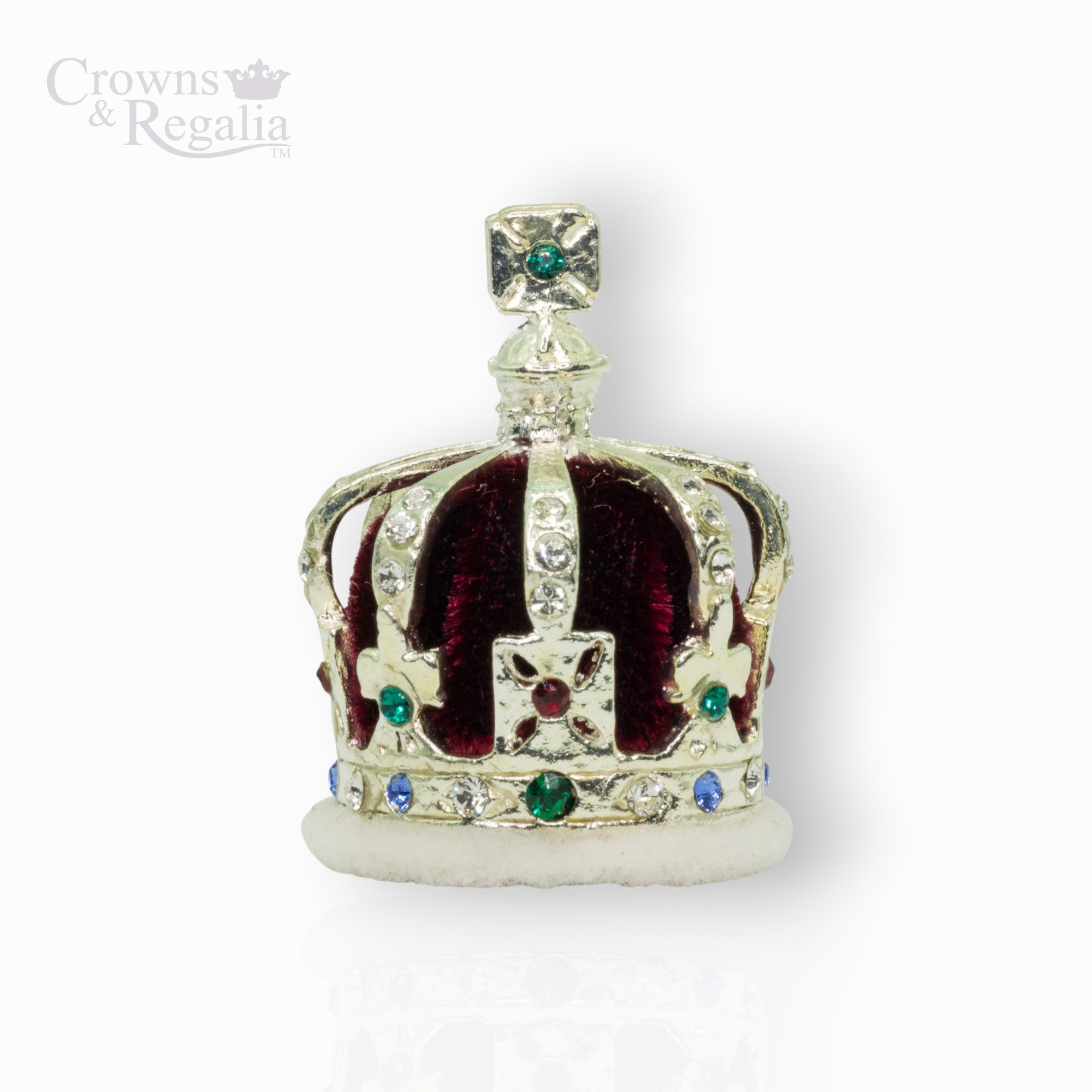 Decorative crown with gemstones on a white background, branded 'Crowns & Regalia'.