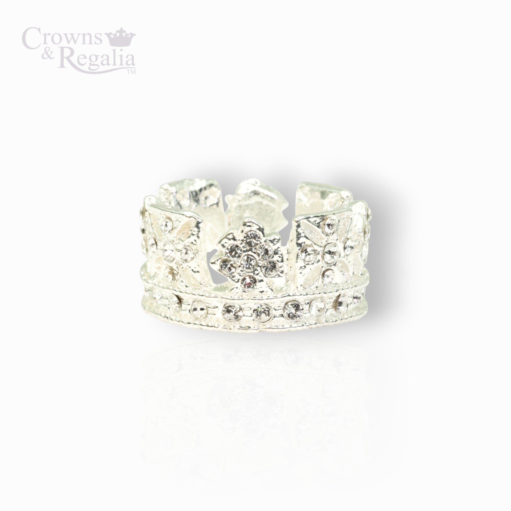 Silver crown-shaped object with gemstones on a white background, branded 'Crowns & Regalia'.