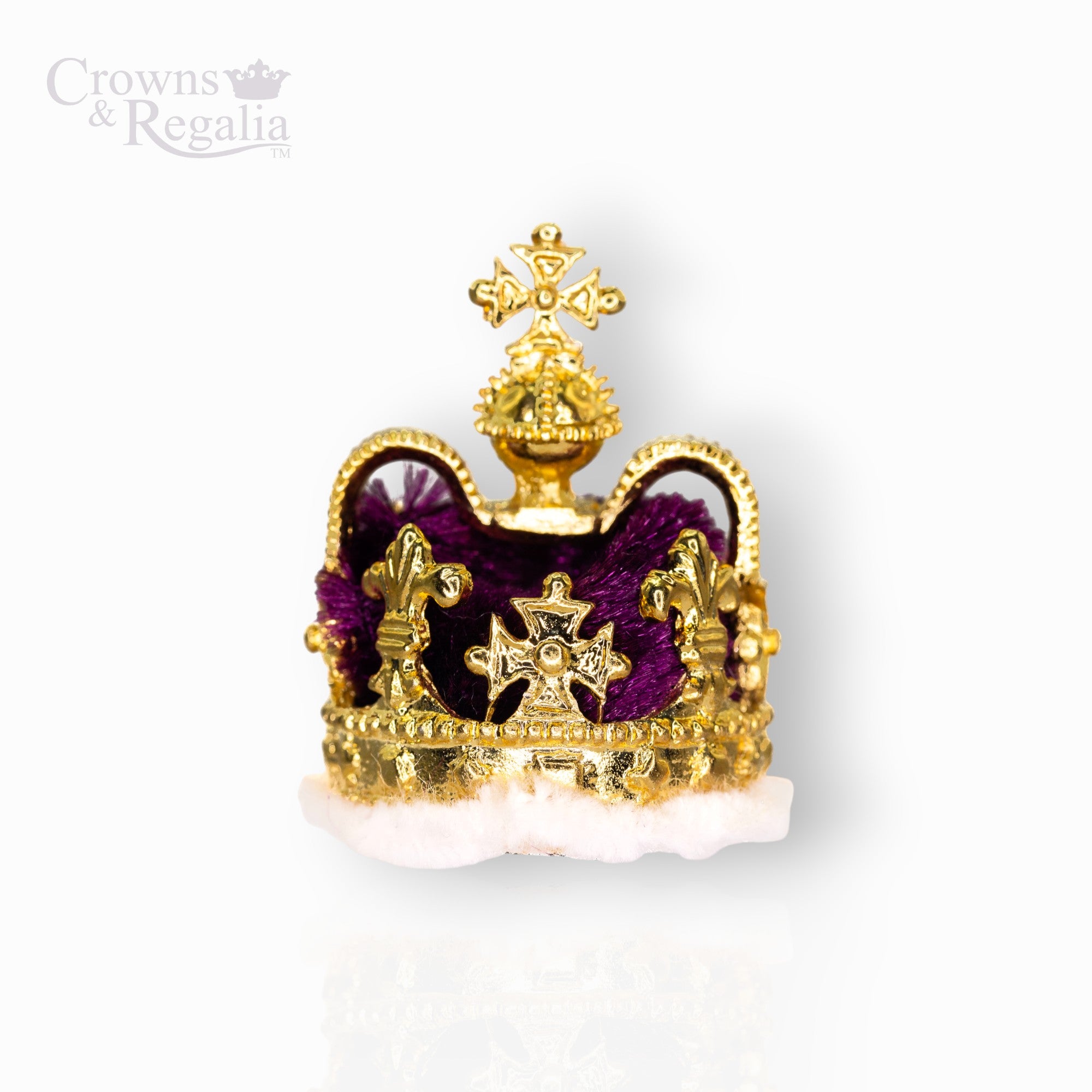 Gold crown with purple accents on a white background, branded 'Crowns & Regalia'.