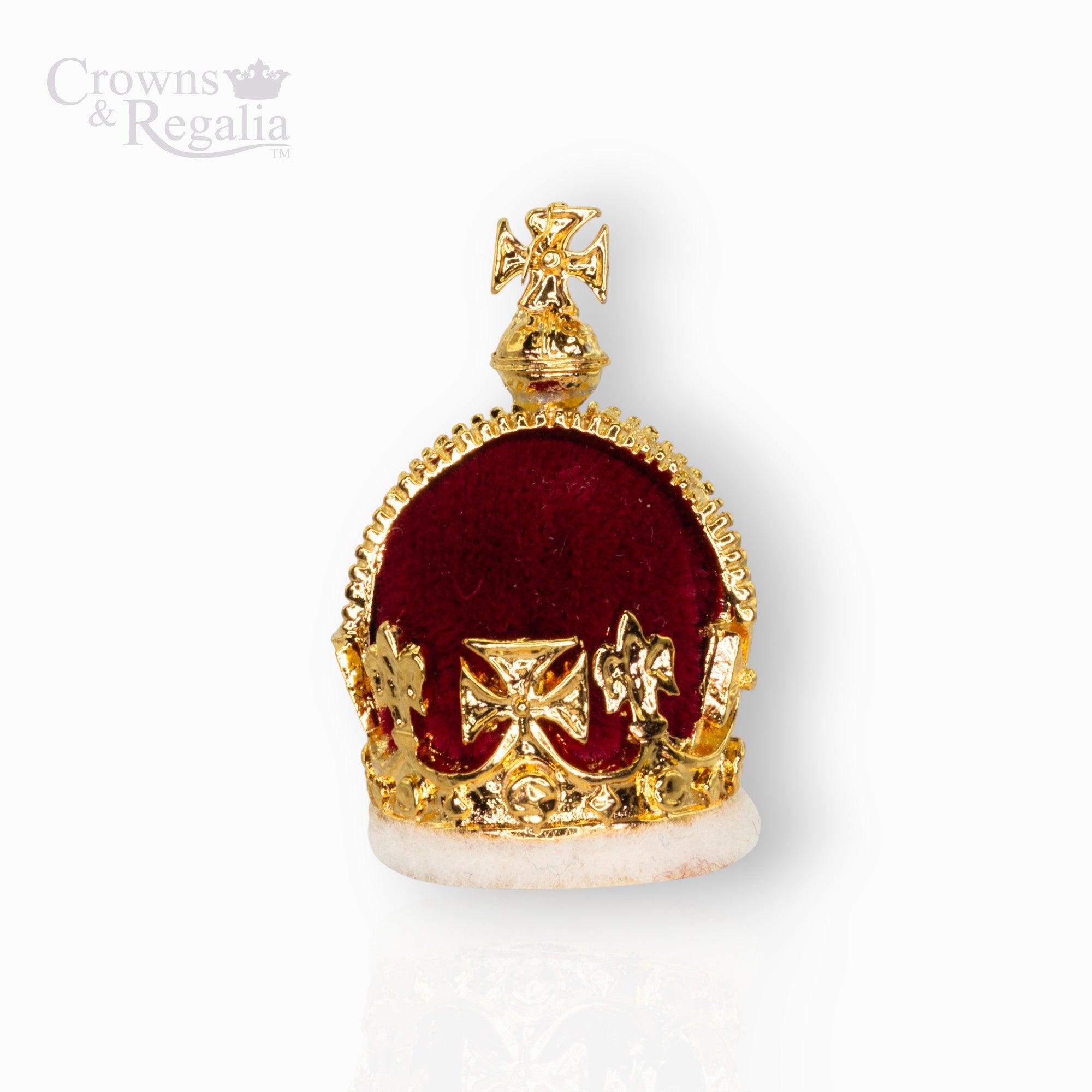 Gold crown with red velvet interior on a white background, branded 'Crowns & Regalia'.