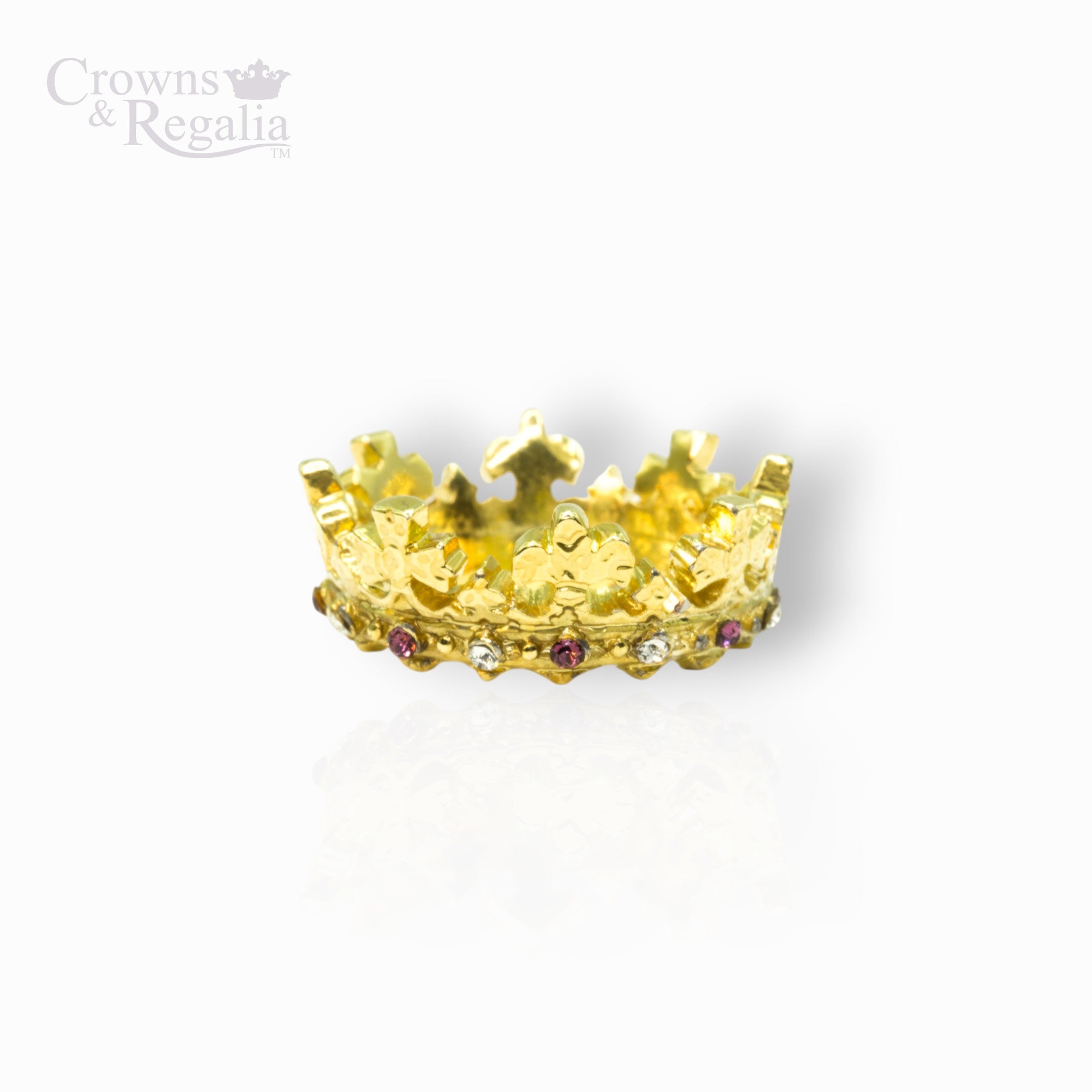 Gold crown with gemstones on a white background, branded 'Crowns & Regalia'.