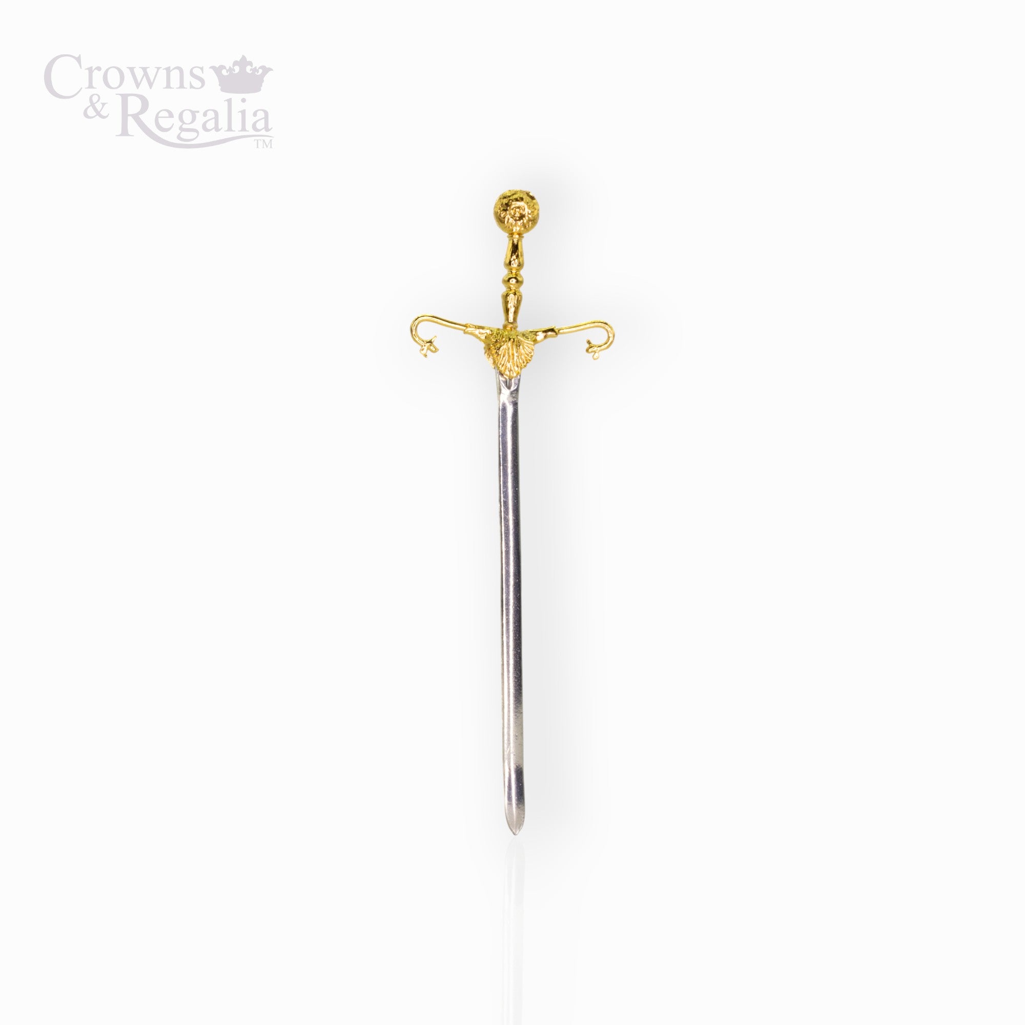 Decorative sword with gold hilt on a white background, branded 'Crowns & Regalia'.