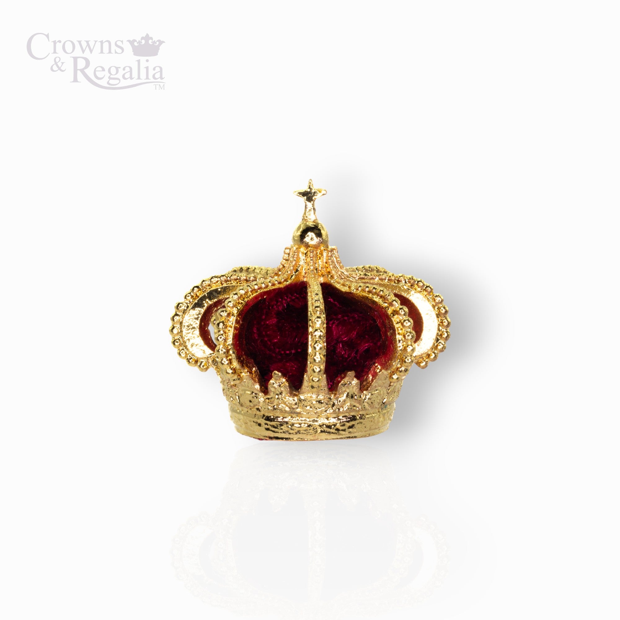 Gold crown with red interior on a white background, branded 'Crowns & Regalia'.