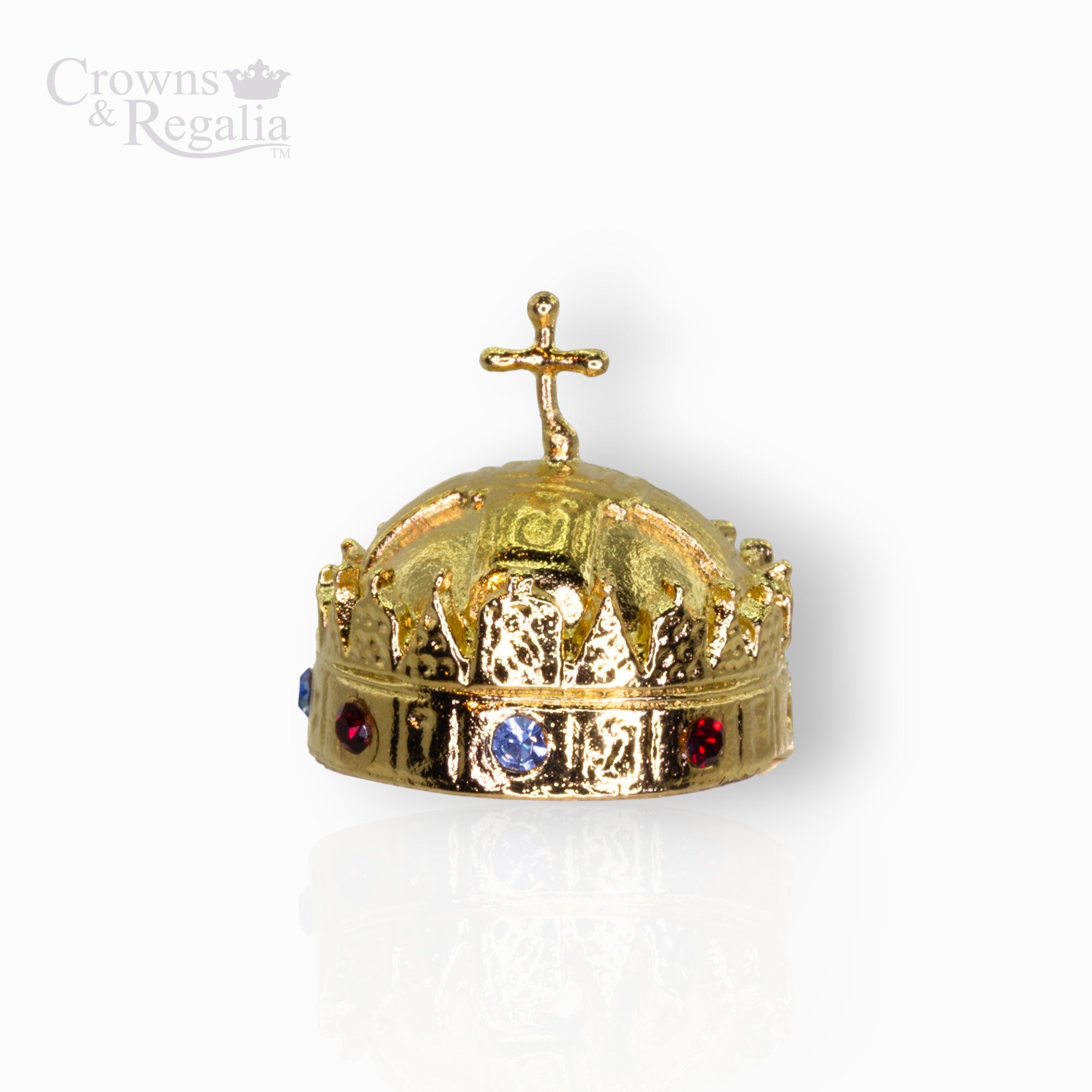 Gold crown with a cross on top, featuring colored gemstones, on a white background with 'Crowns & Regalia' branding.