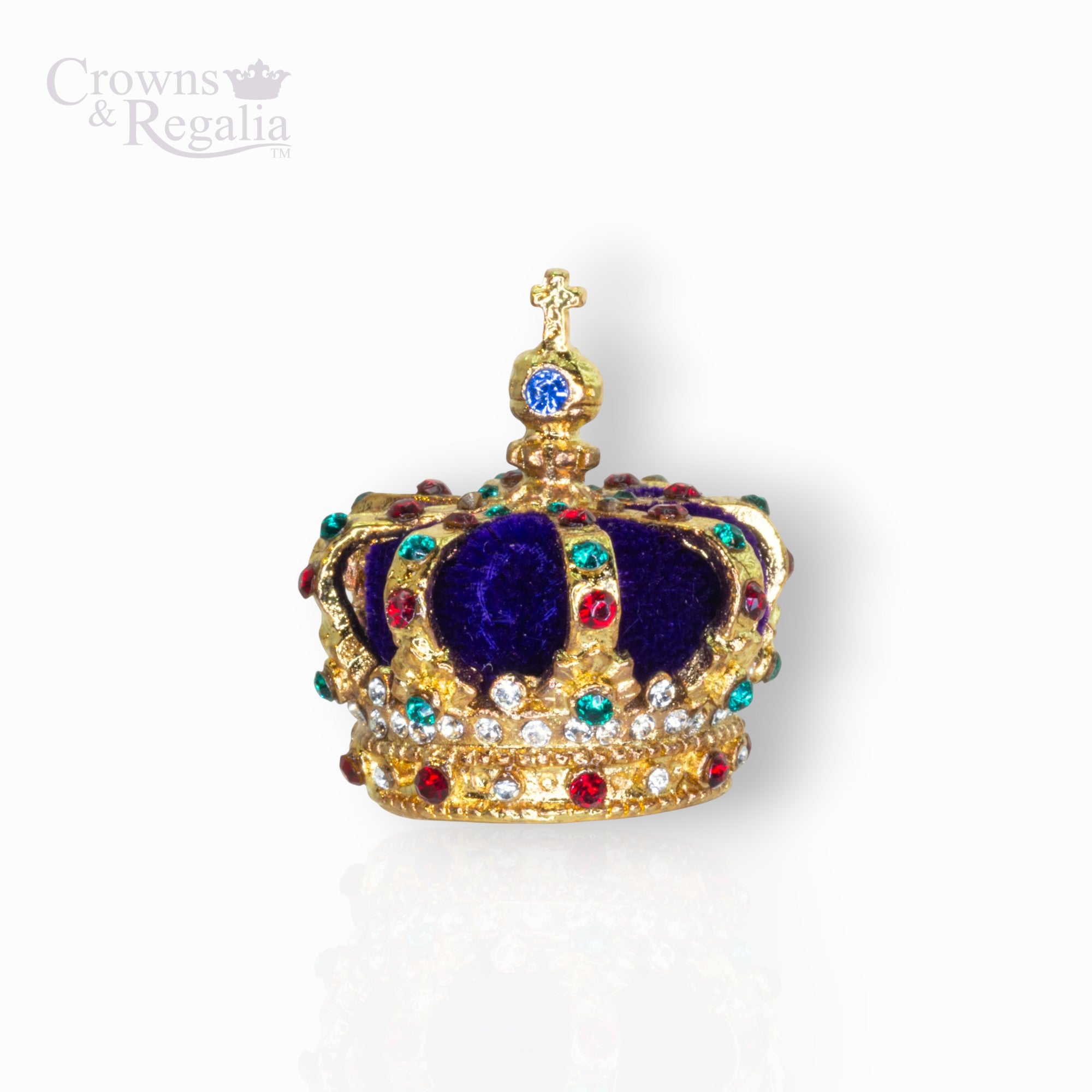 Decorative crown with gold, purple, and gemstone details on a white background, branded 'Crowns & Regalia'.
