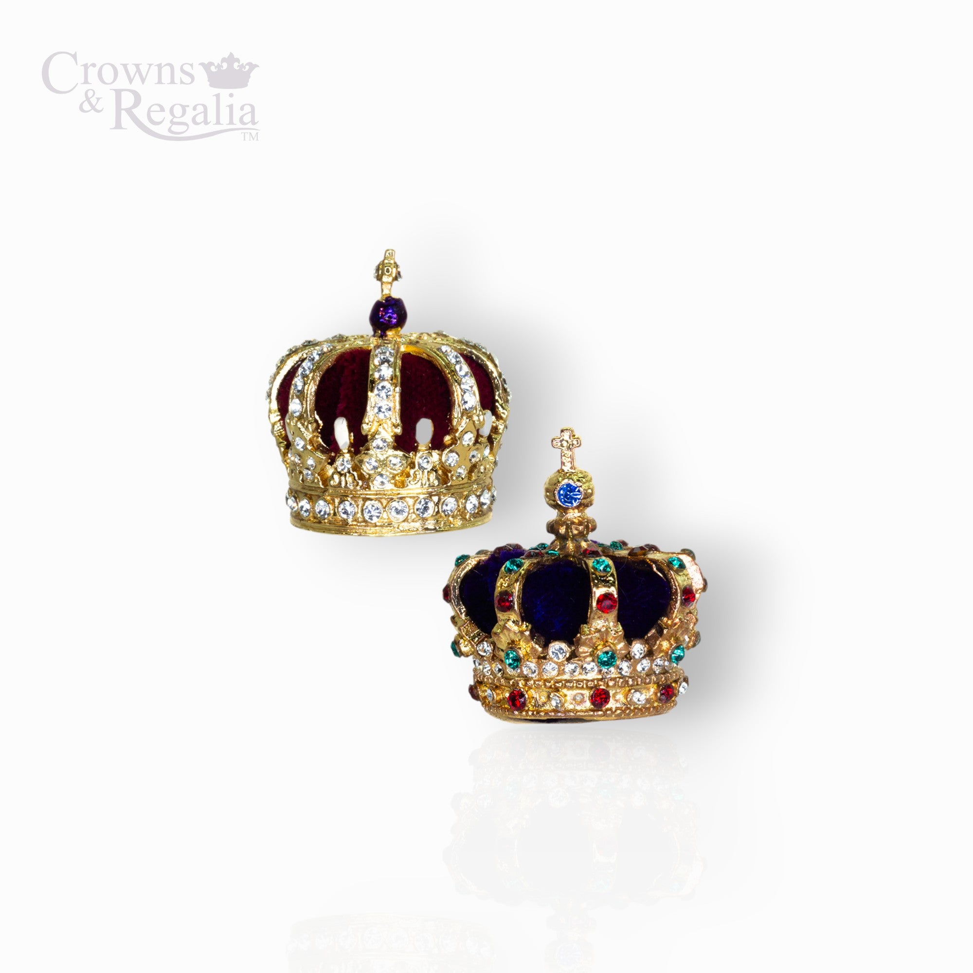 Two ornate crowns with gemstones on a white background, branded 'Crowns & Regalia'.