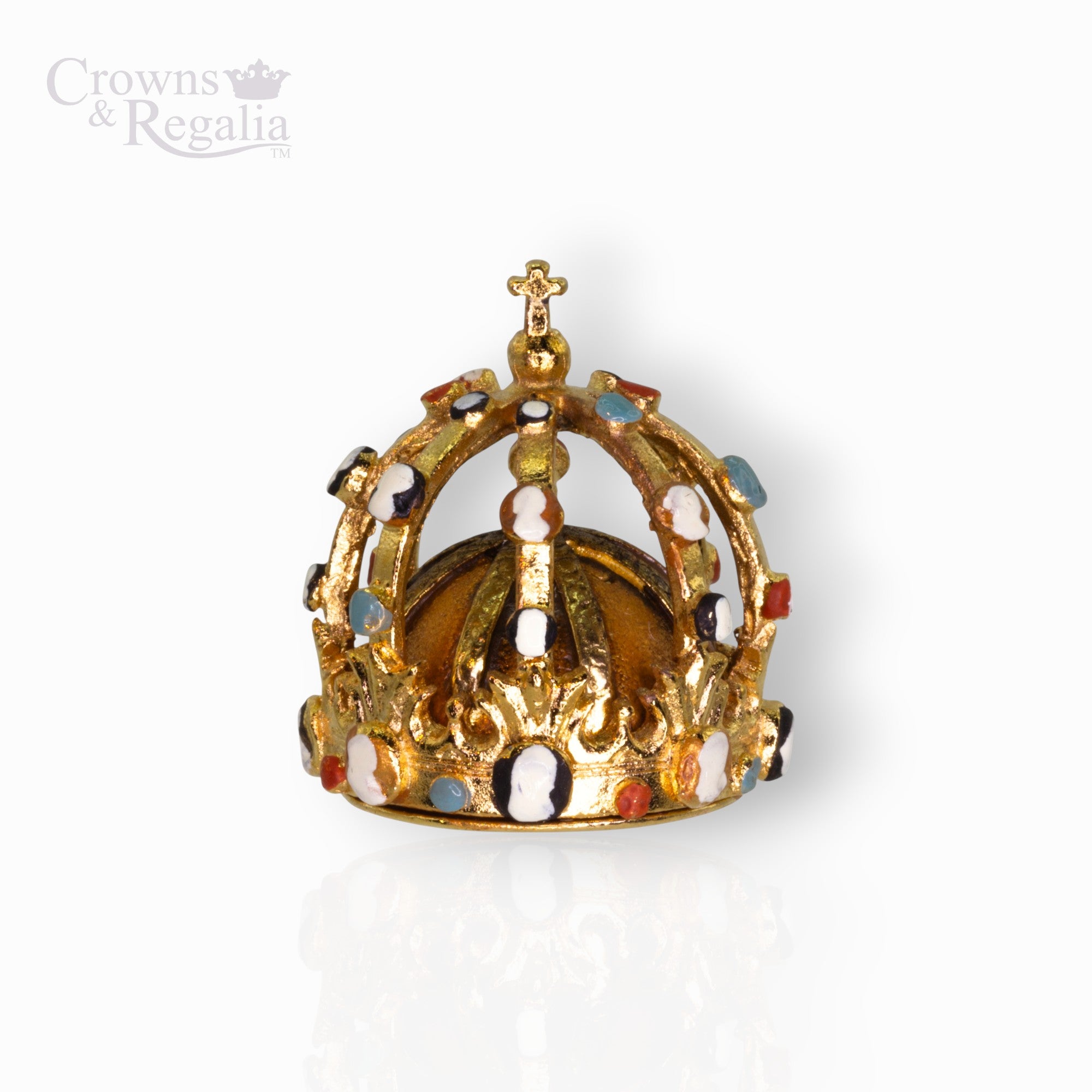 Gold crown with colored stones on a white background, branded 'Crowns & Regalia'.