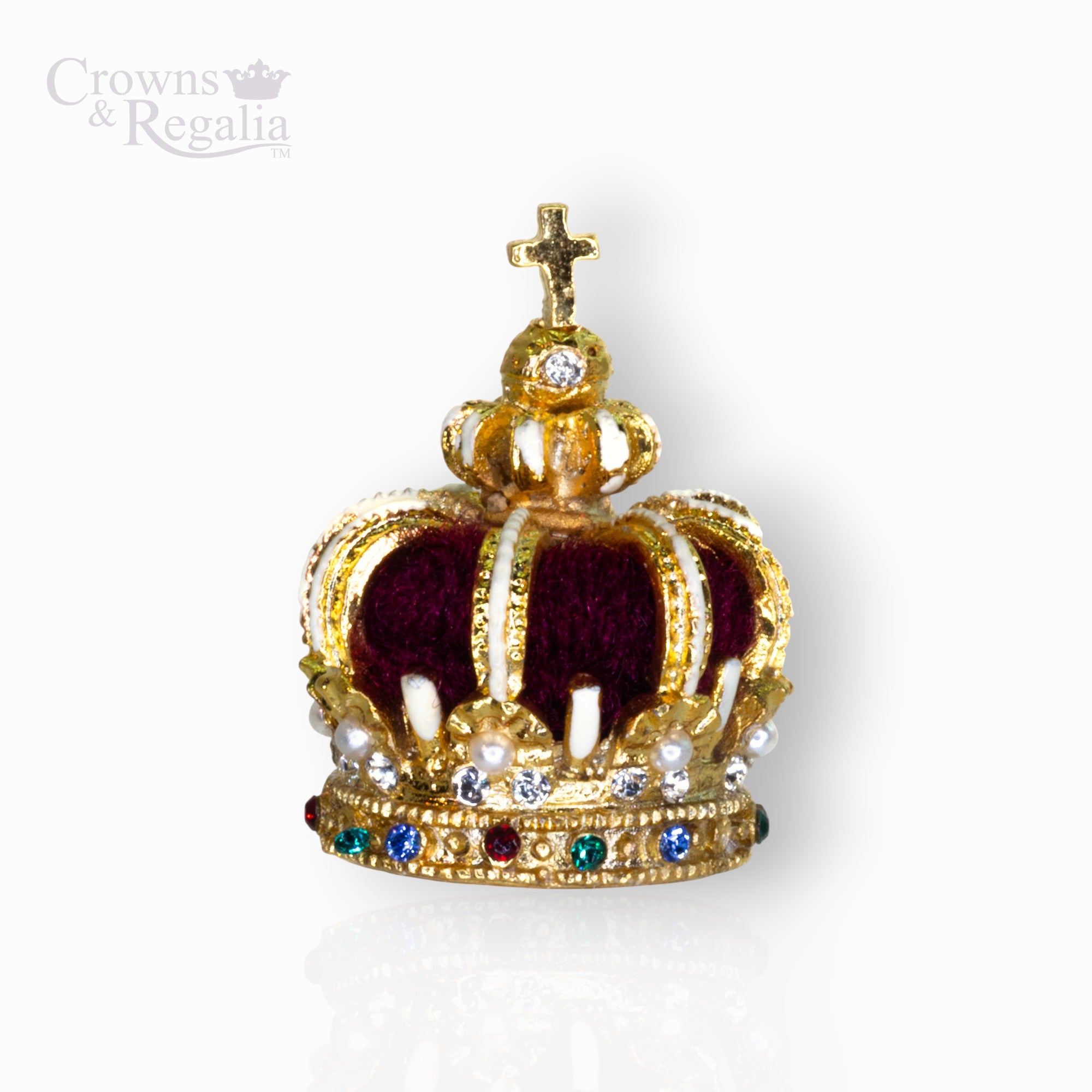 Gold crown with jewels on a white background, branded 'Crowns & Regalia'.