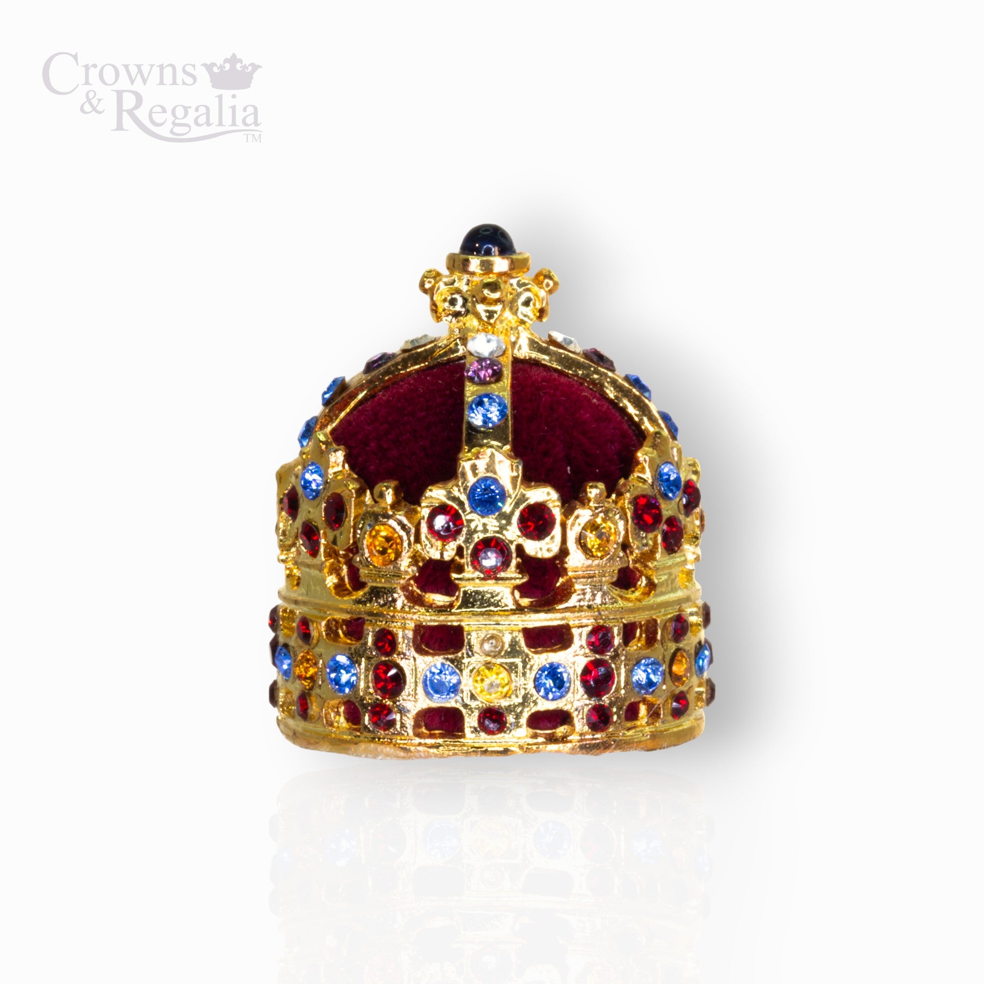 Decorative crown with colorful gemstones on a white background, branded 'Crowns & Regalia'.