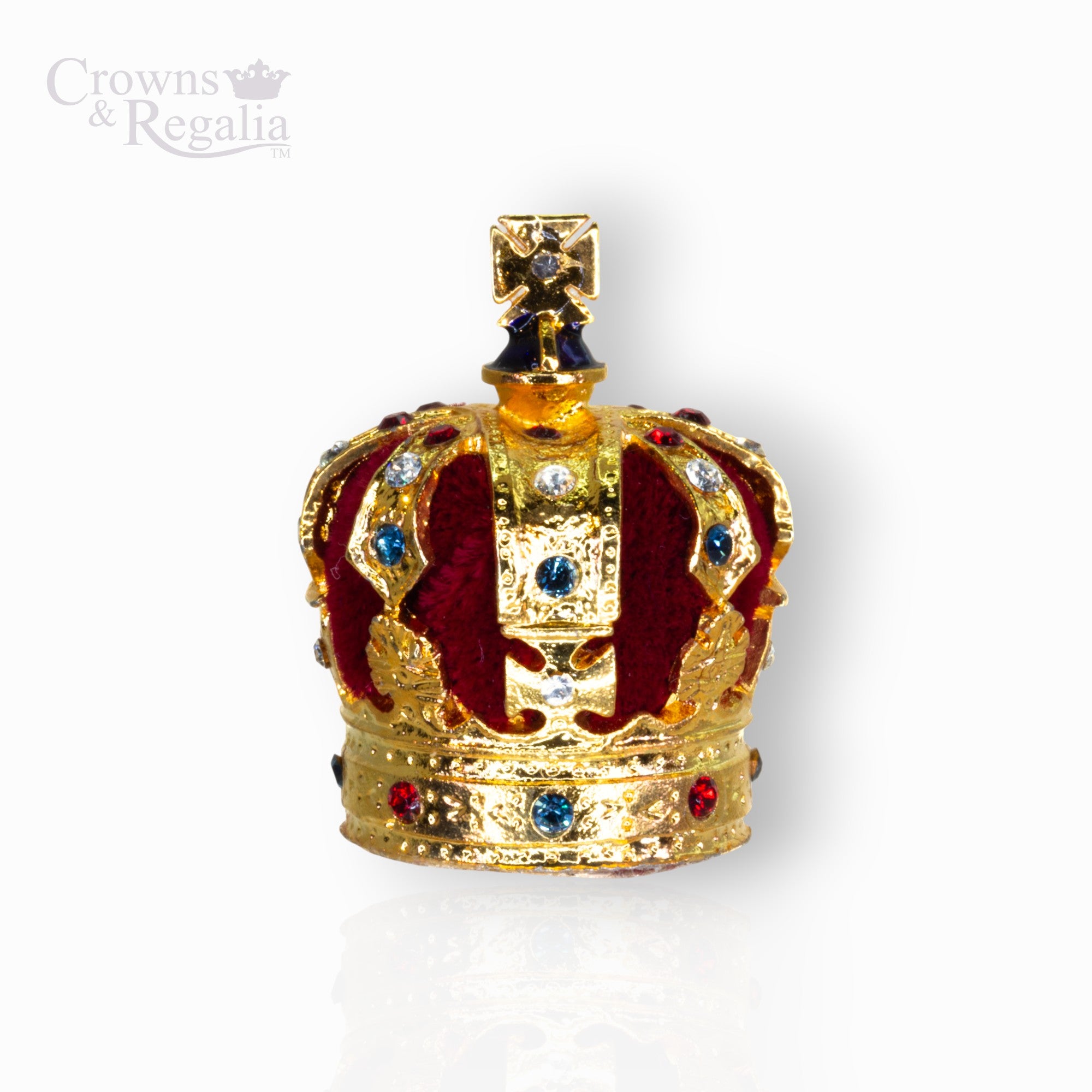 Gold crown with red and blue accents on a white background, branded 'Crowns & Regalia'.