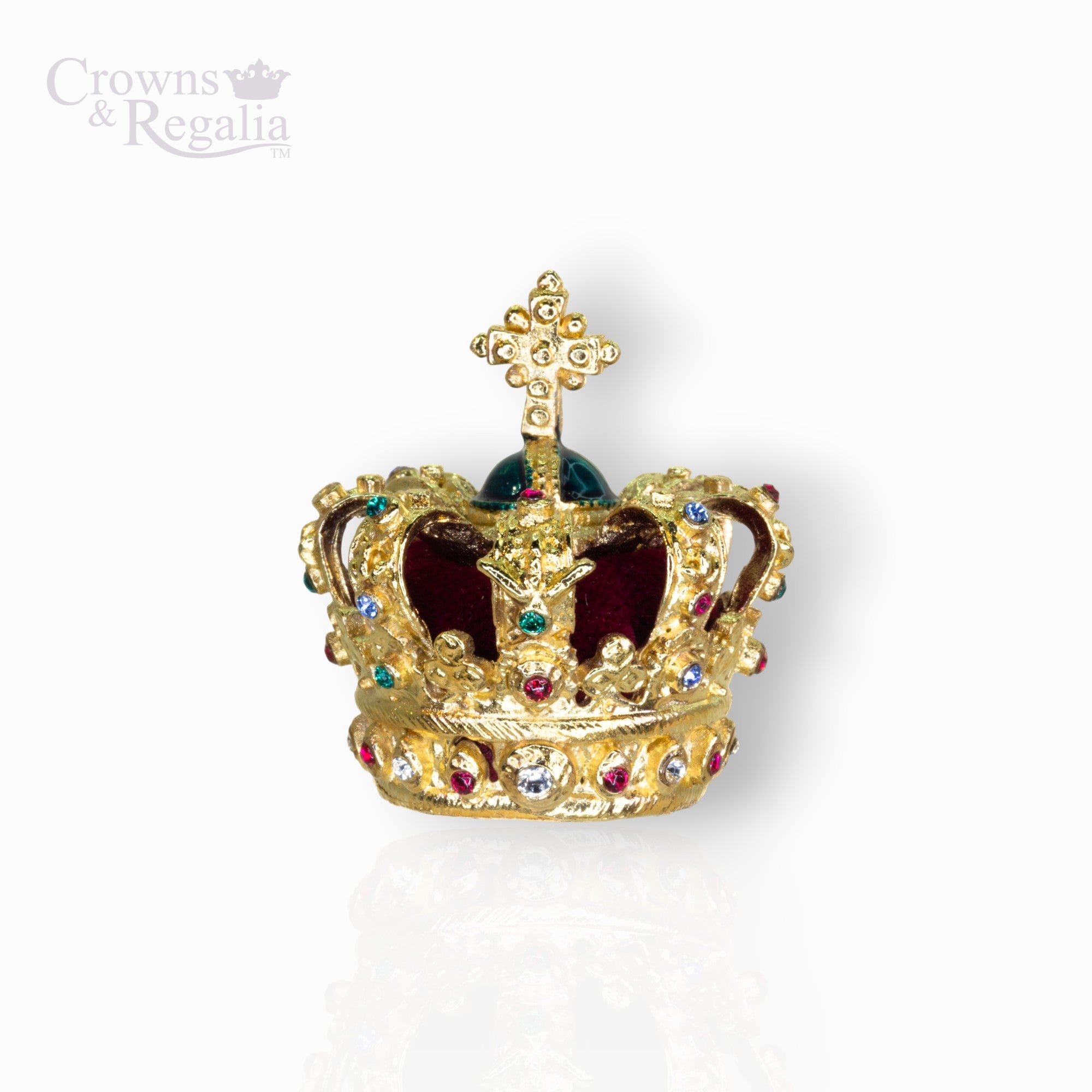 Gold crown with gemstones on a white background, branded 'Crowns & Regalia'.