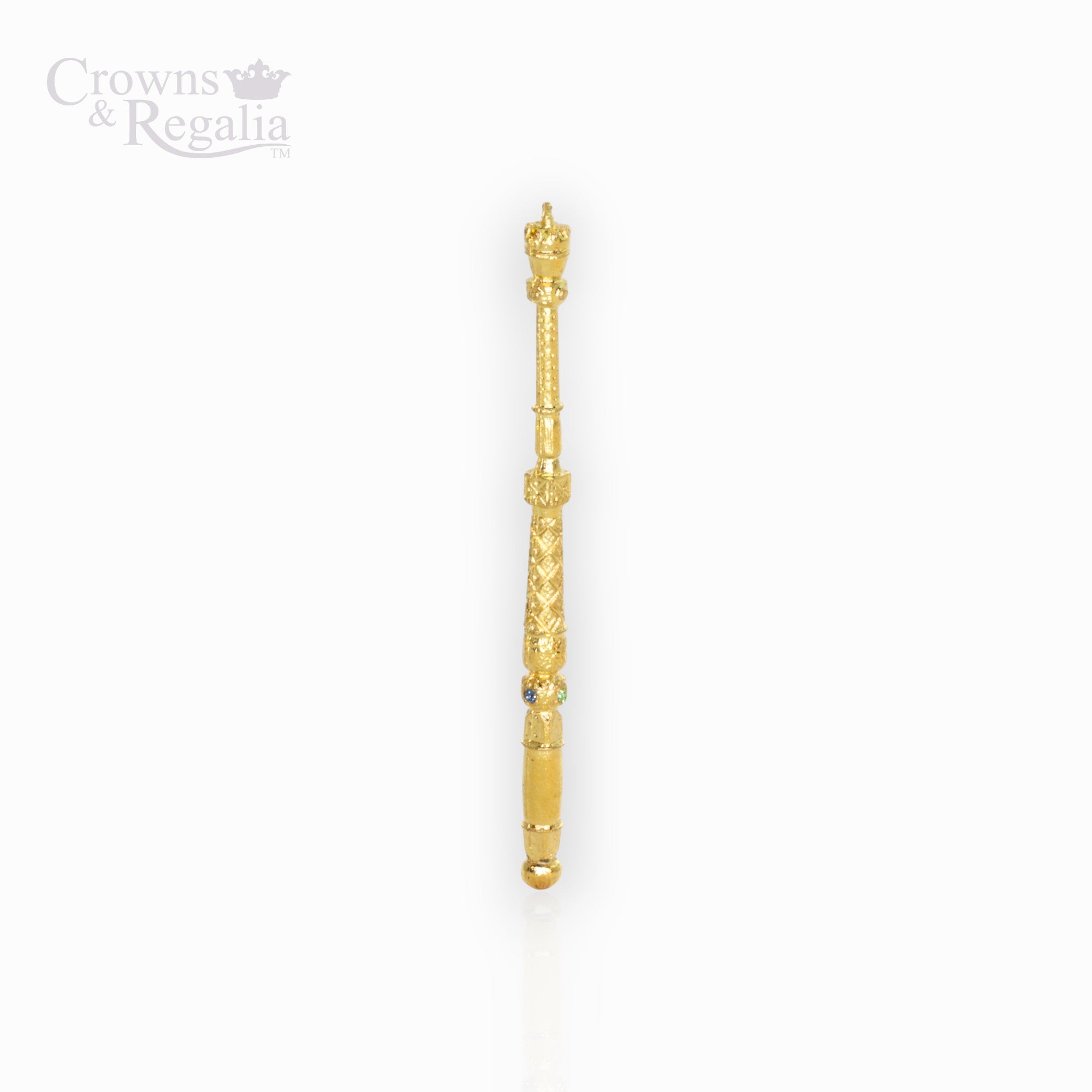 Gold sceptre with decorative design on a white background, branded 'Crowns & Regalia'.
