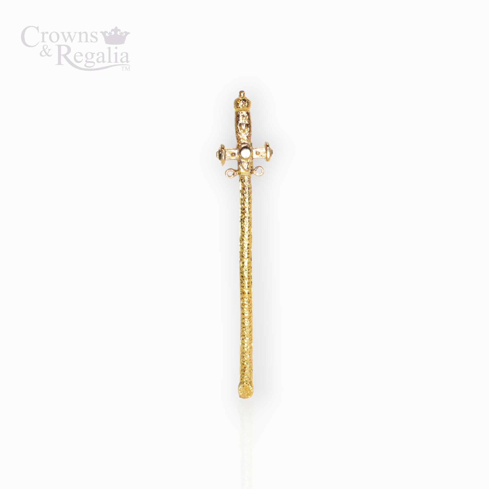 Gold sceptre with gemstones on a white background, branded 'Crowns & Regalia'.