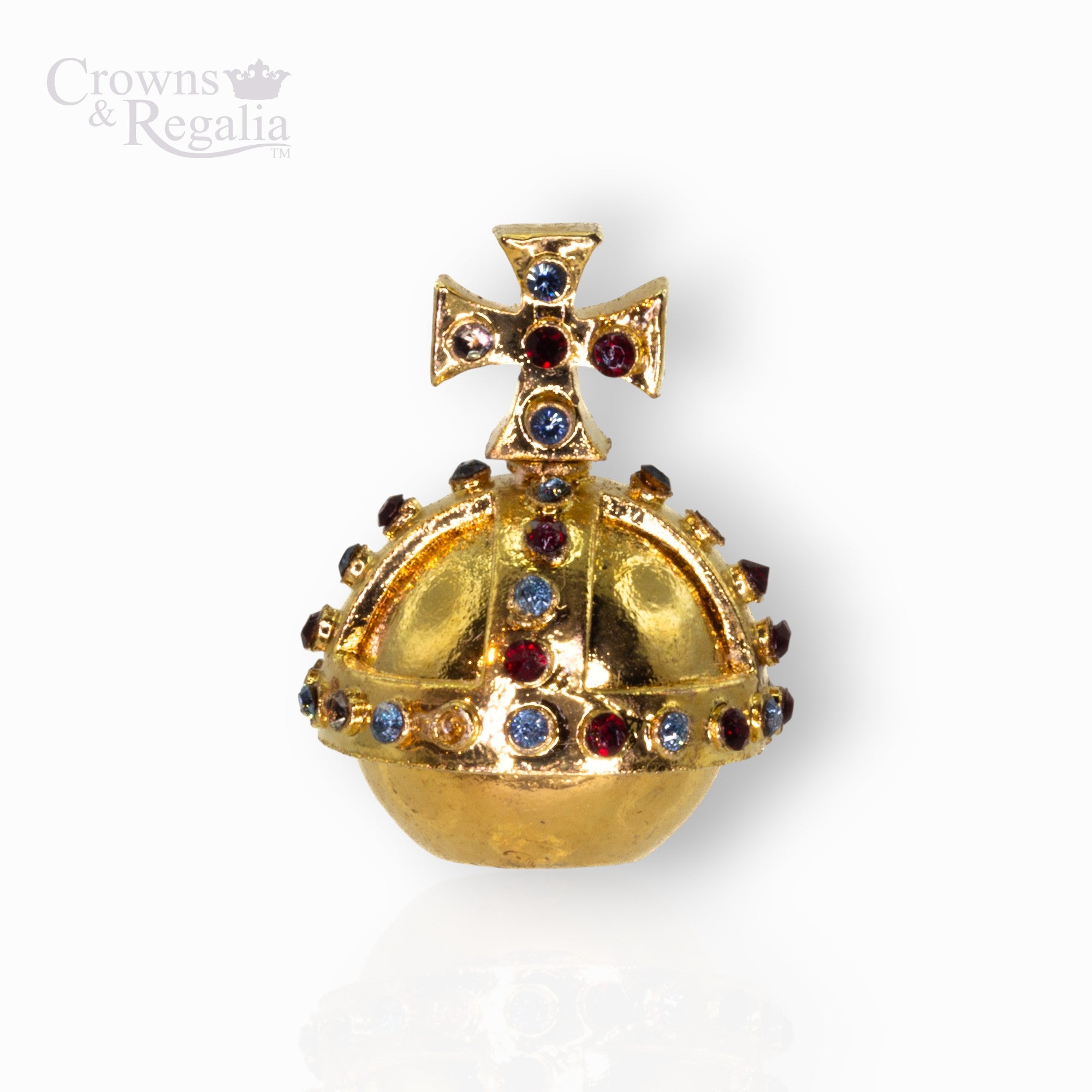 Gold orb with colorful gemstones on a white background, branded 'Crowns & Regalia'.
