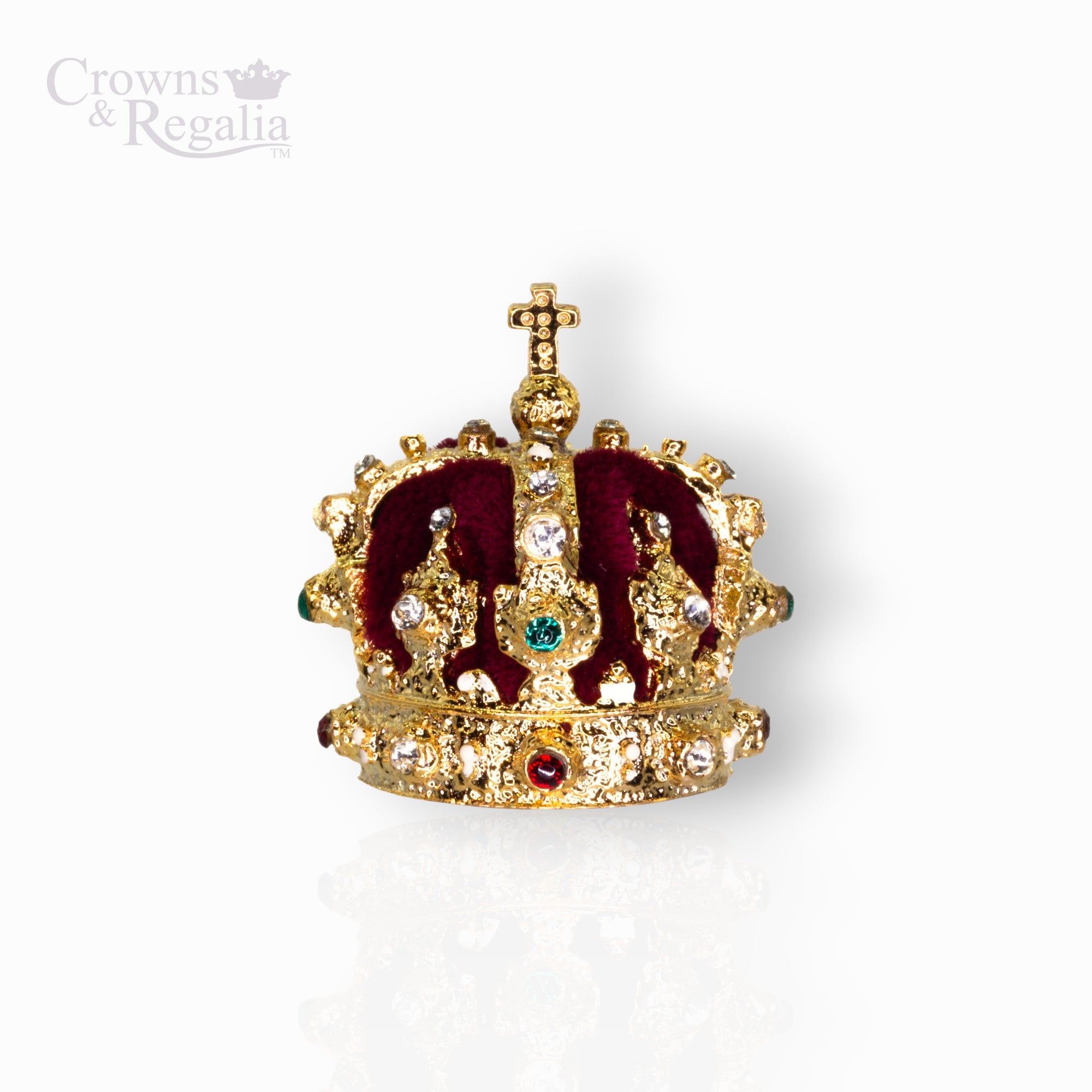 Decorative crown with gold and red details on a white background, branded 'Crowns & Regalia'.