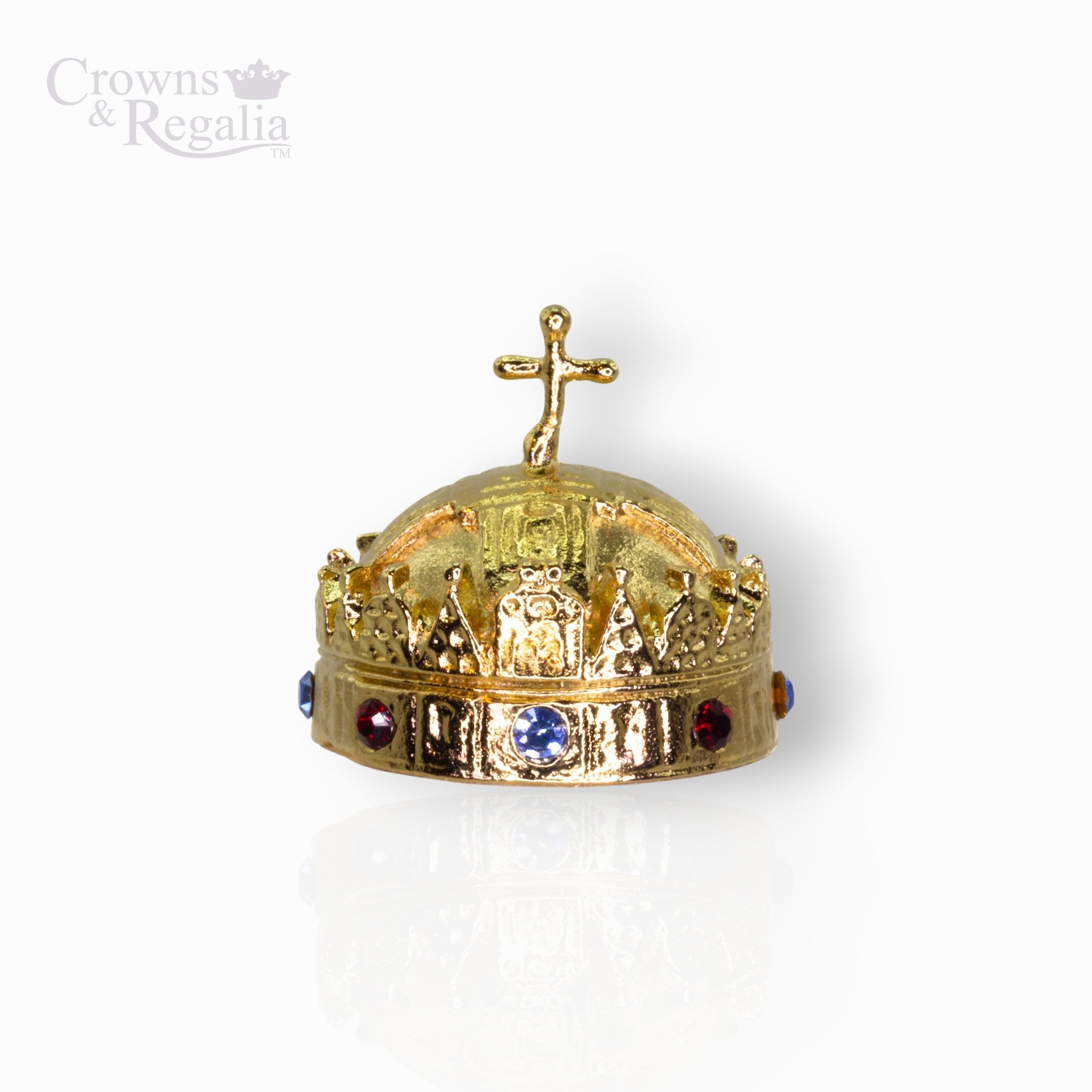 Gold crown with decorative elements and gemstones on a white background, branded 'Crowns & Regalia'.