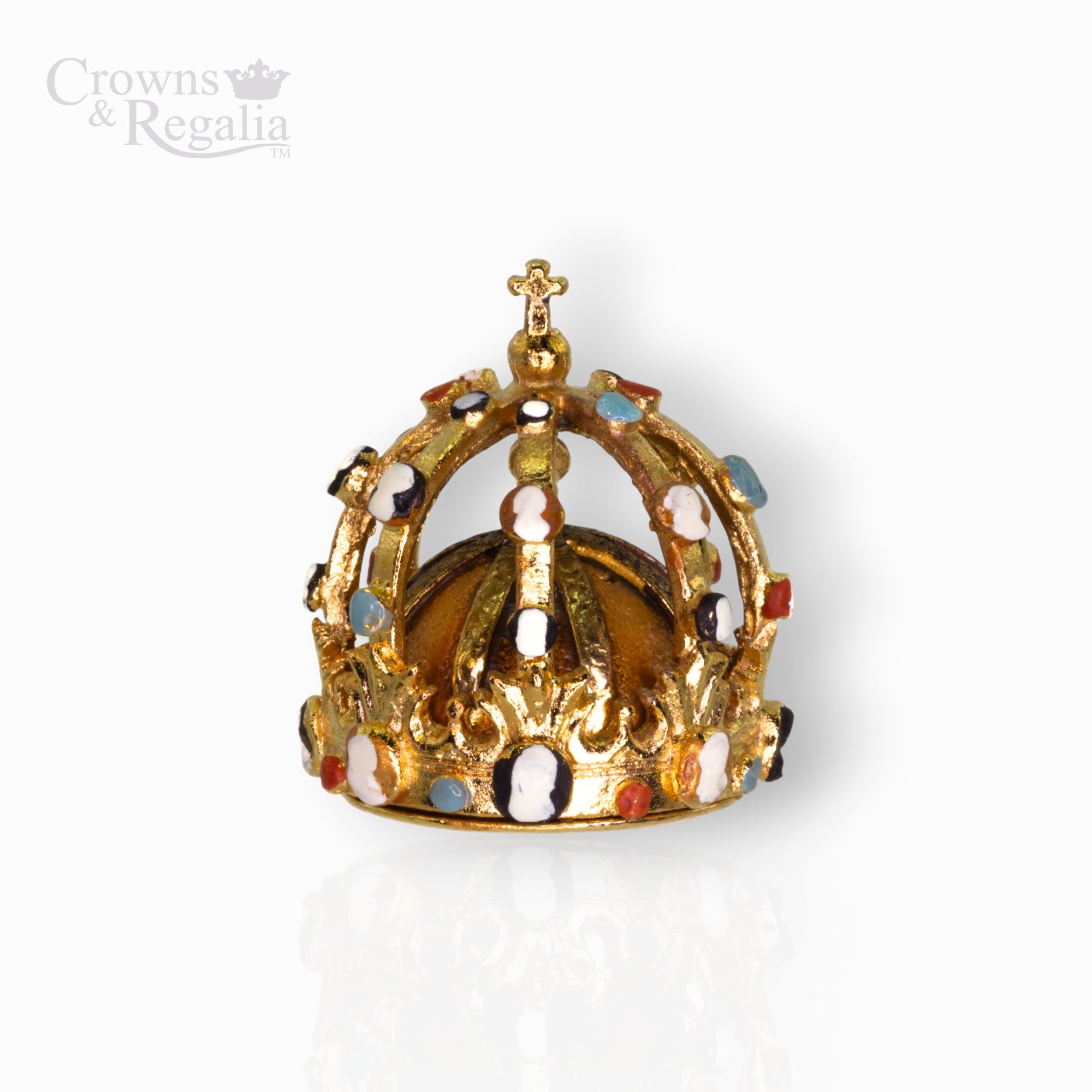 Gold crown with colorful stones on a white background, branded 'Crowns & Regalia'.