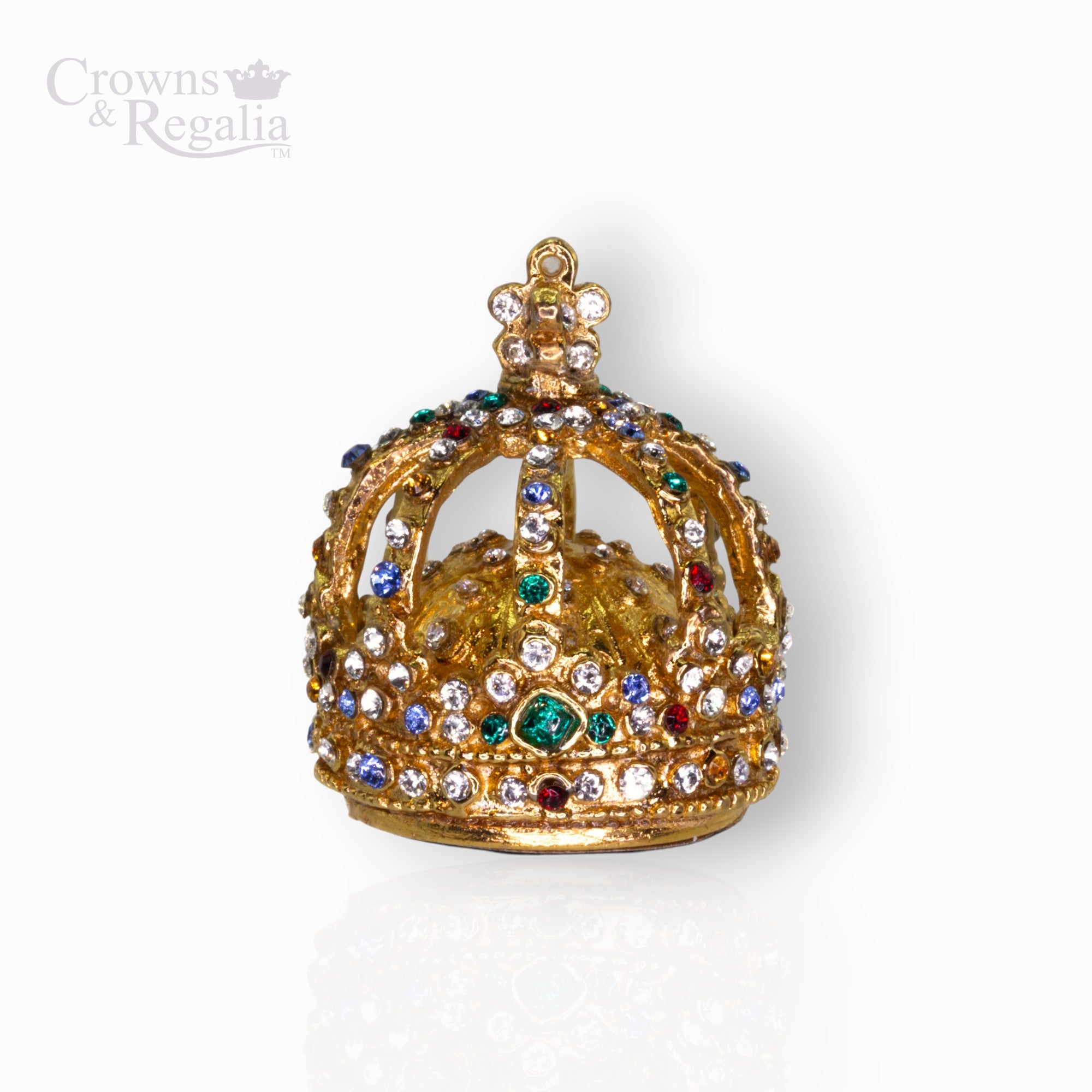 Gold crown ornament with colorful gemstones on a white background, branded 'Crowns & Regalia'.