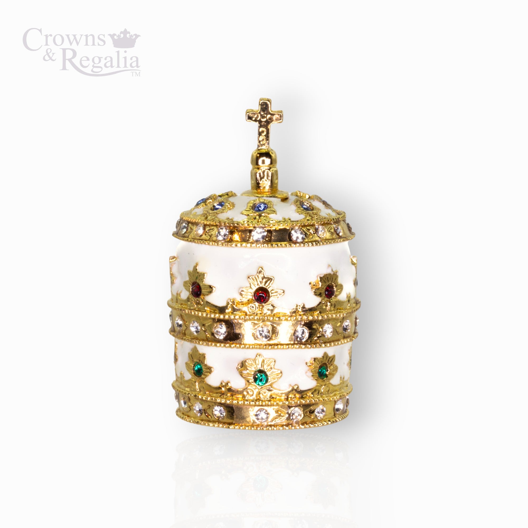 Decorative crown with gold and gemstone details on a white background, branded 'Crowns & Regalia'.