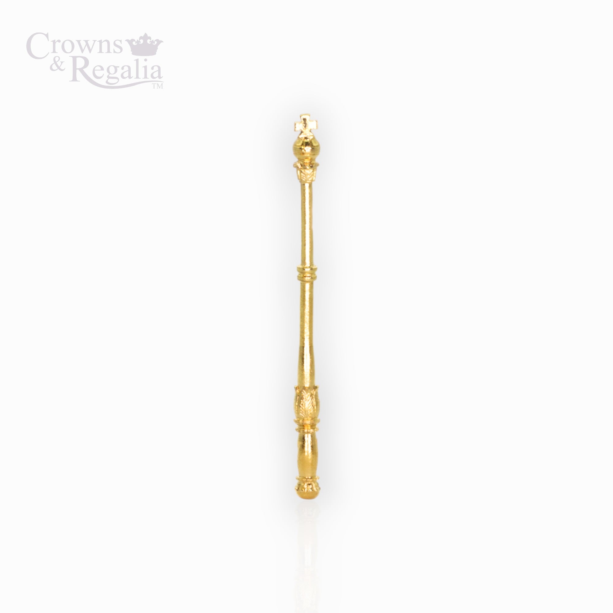 Gold sceptre on a white background with 'Crowns & Regalia' branding.