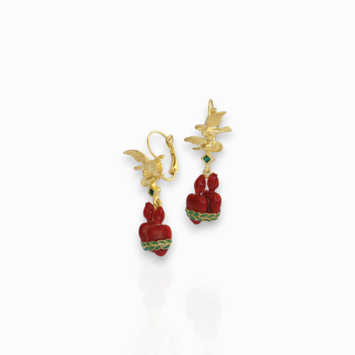 Flaming Heart - Earrings on a white background.