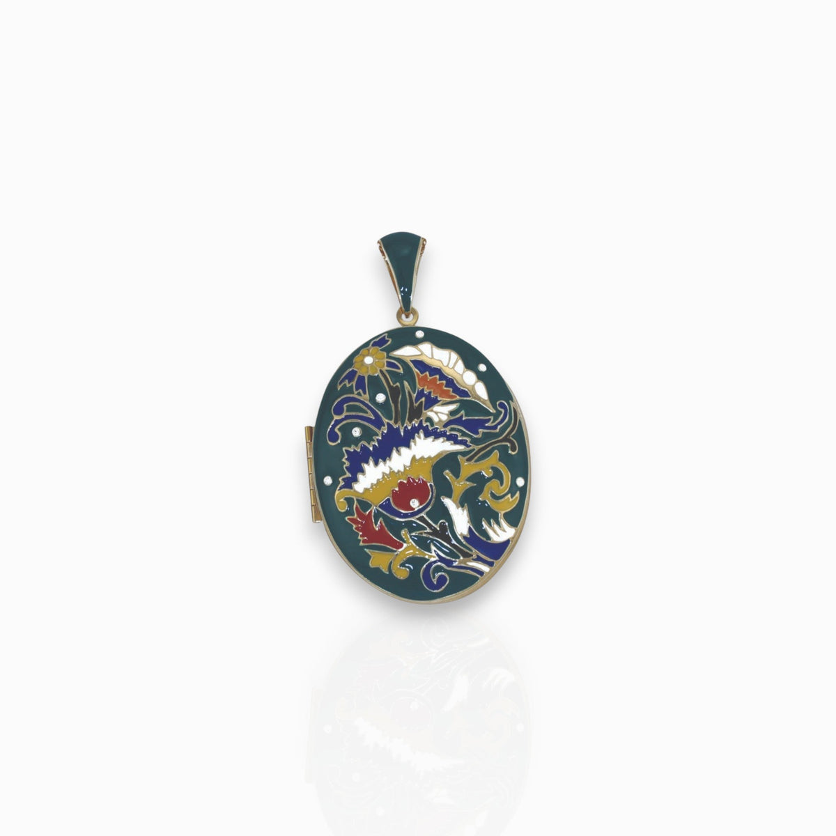 Large Green Enamel Floral Locket - Pendant on a white background.