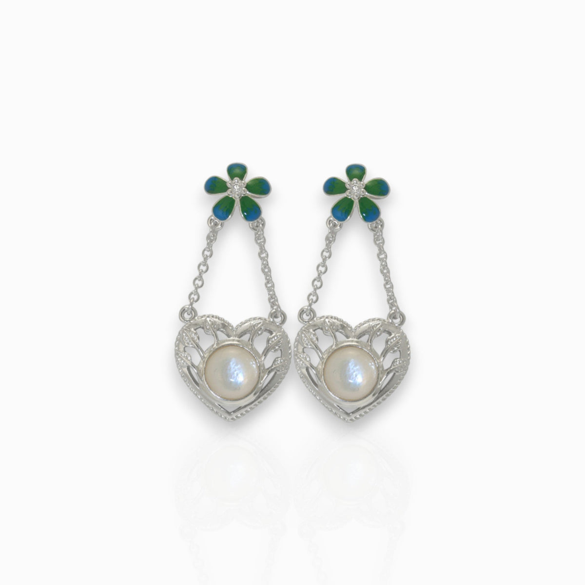 Heart and Flower - Earrings on a white background.