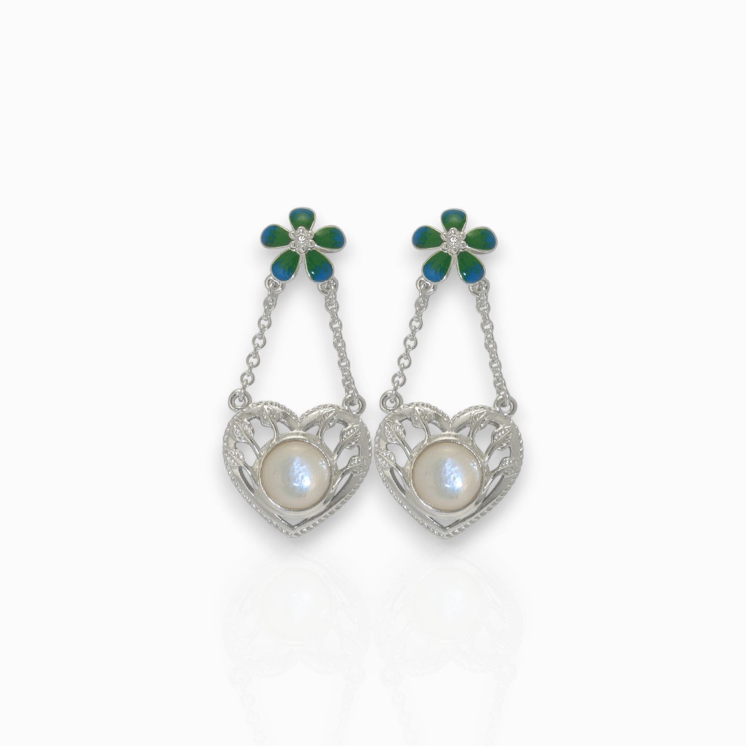 Heart and Flower - Earrings on a white background.