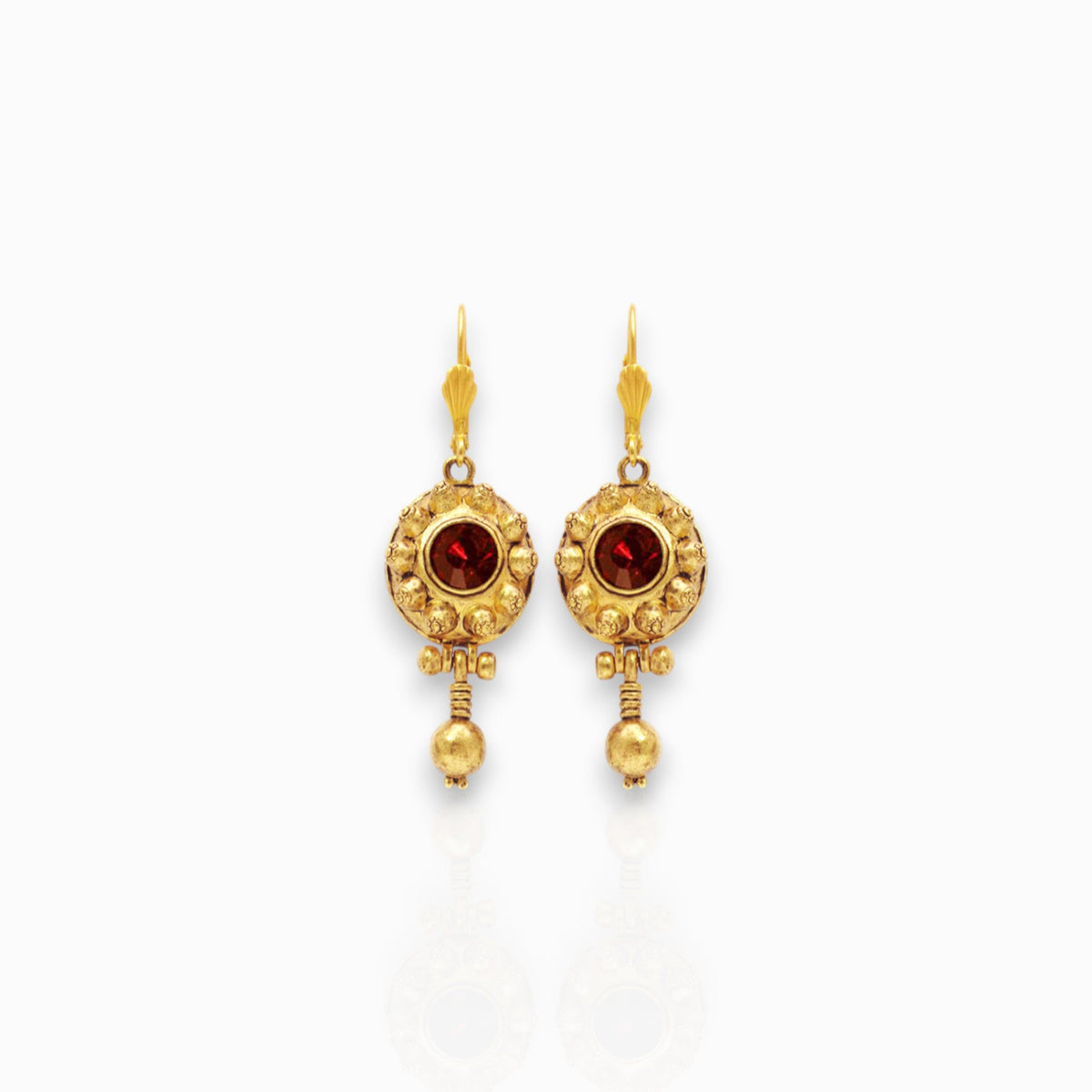 Lombardy (Red Siam Stone) - Earrings on a white background.