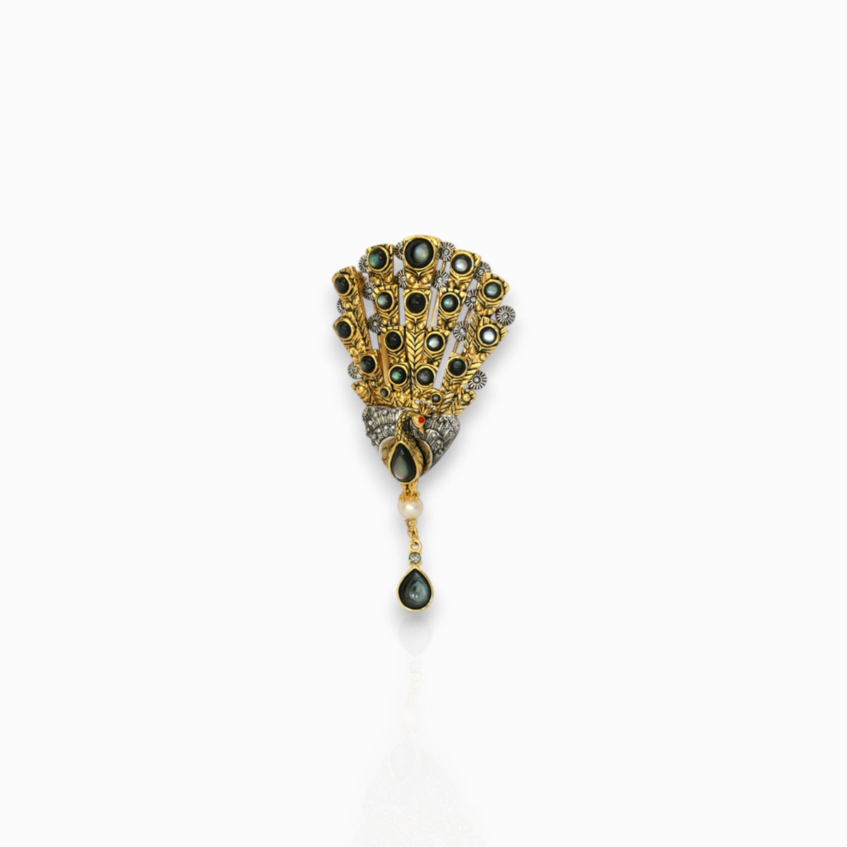 Peacock - Pendant/Brooch on a white background.