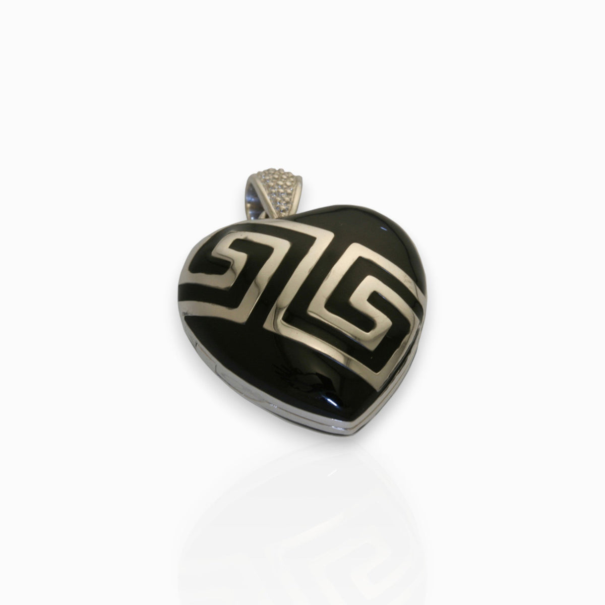 Silver Heart Locket Black Enamel - Pendant on a white background.