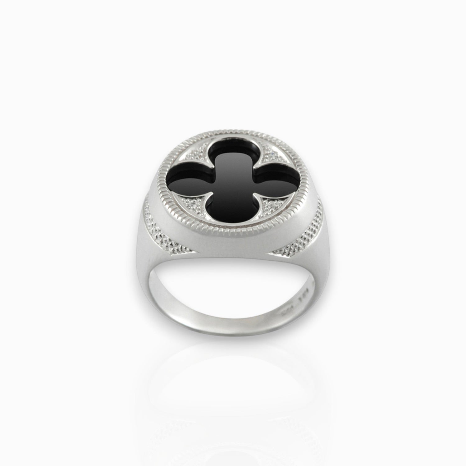 Gothic Quatrefoil Black Onyx - Ring on a white background.