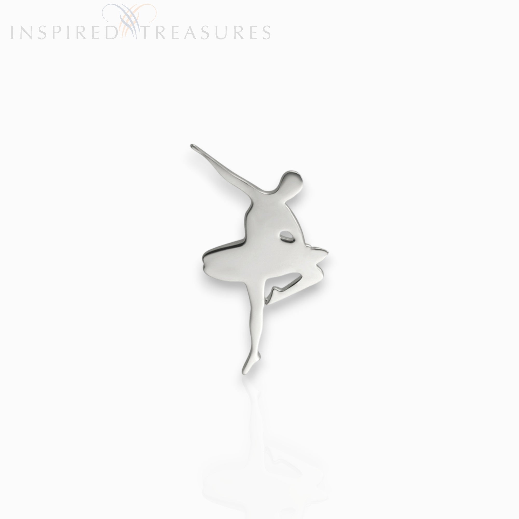 Silver ballerina pin-badge on a white background with 'Inspired Treasures' branding.