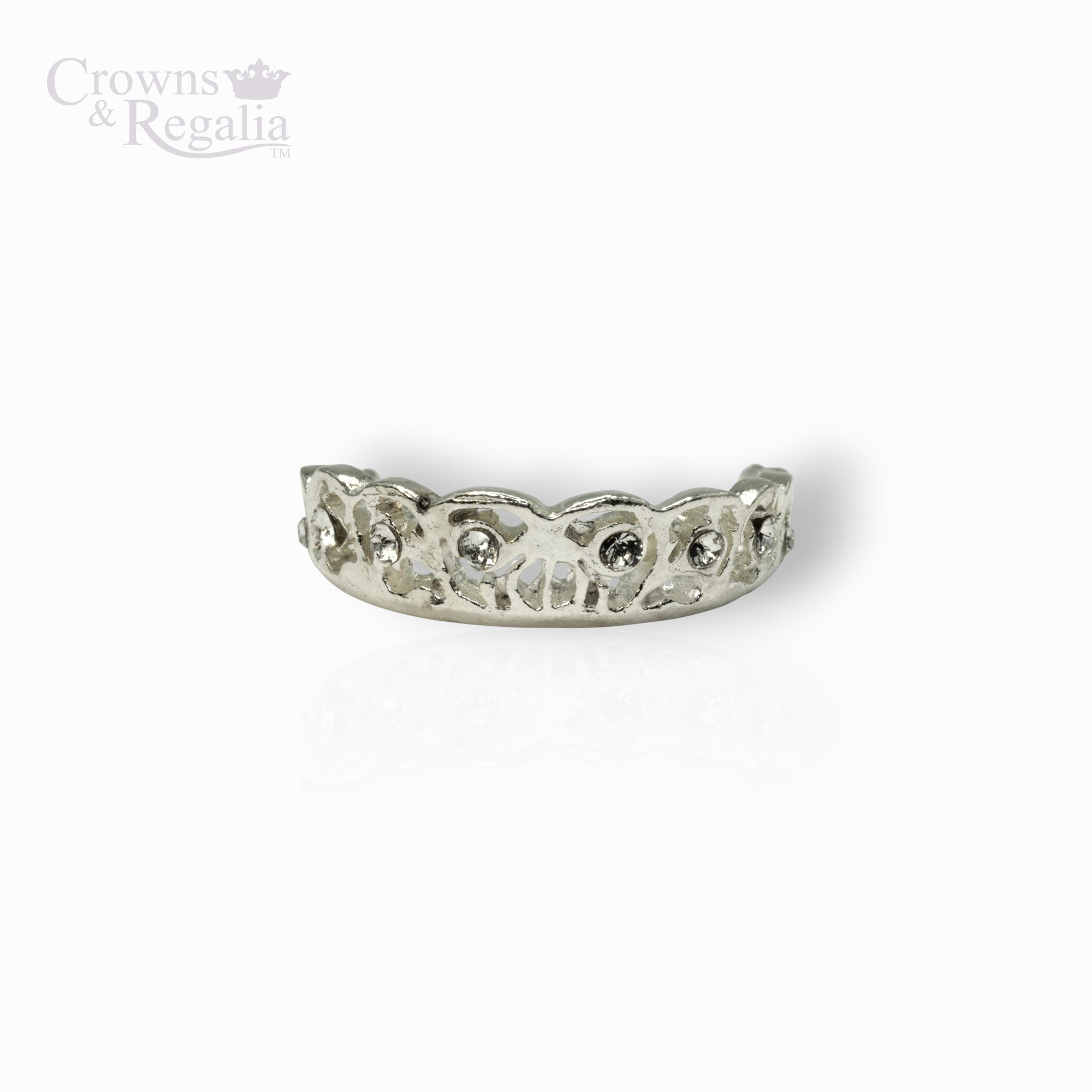 Silver tiara with decorative design on a white background, branded 'Crowns & Regalia'.