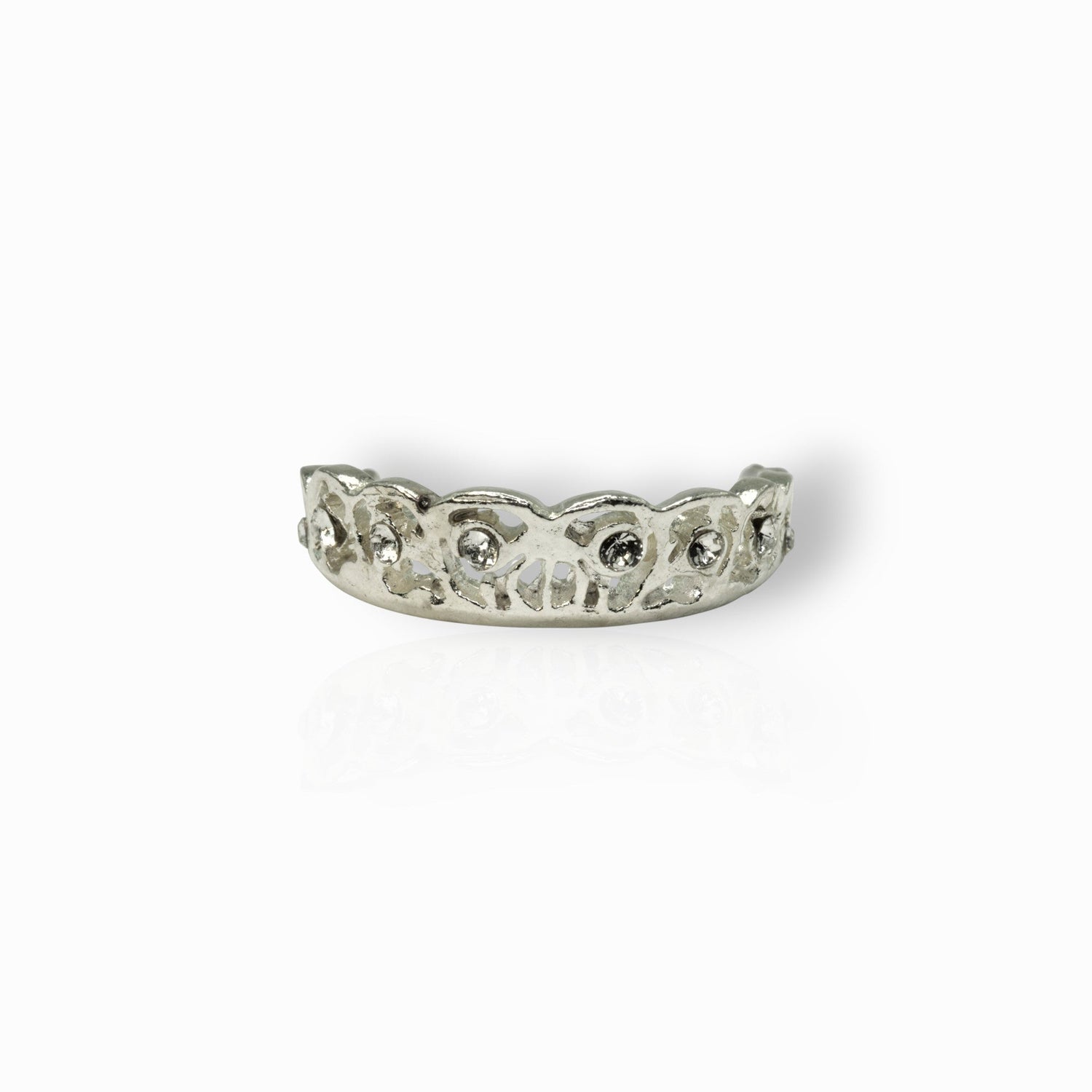 Silver tiara with decorative design on a white background.