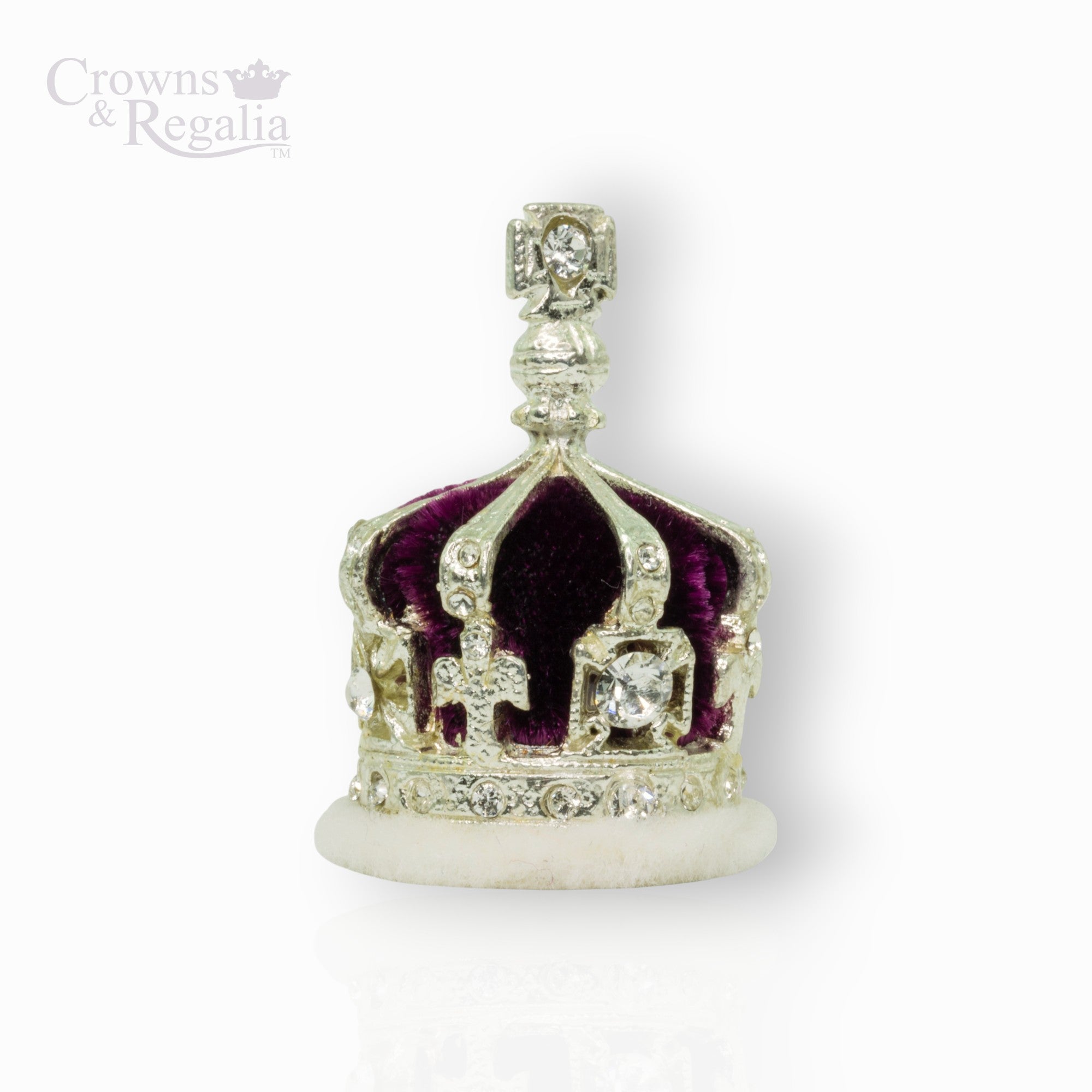 Decorative crown with purple center and gold accents on a white background, branded 'Crowns & Regalia'.