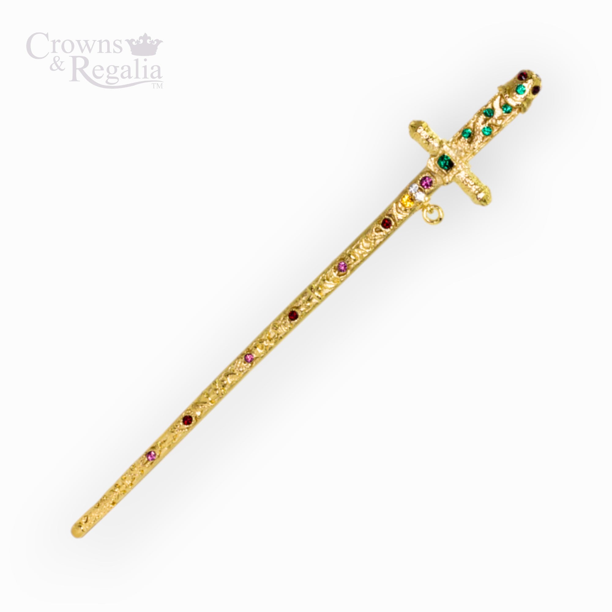 Decorative gold sword with gemstones on a white background, branded 'Crowns & Regalia'.