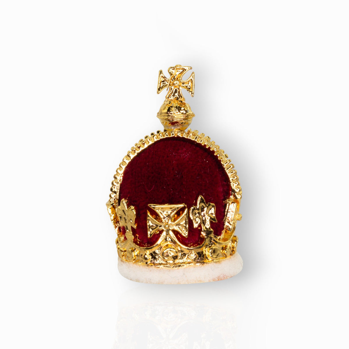 Gold crown with red velvet interior on a white background.
