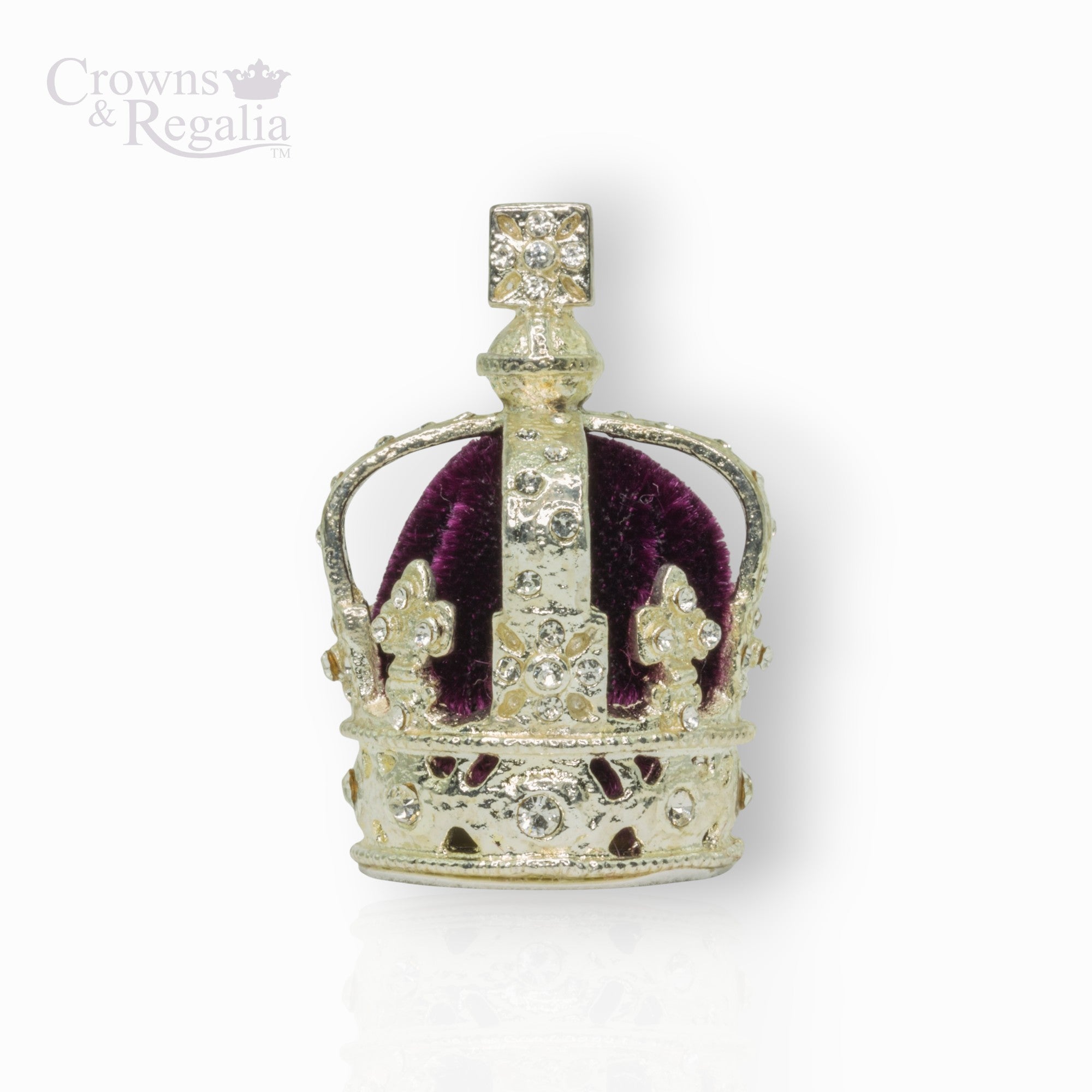 Decorative crown with purple velvet center on a white background, branded 'Crowns & Regalia'.