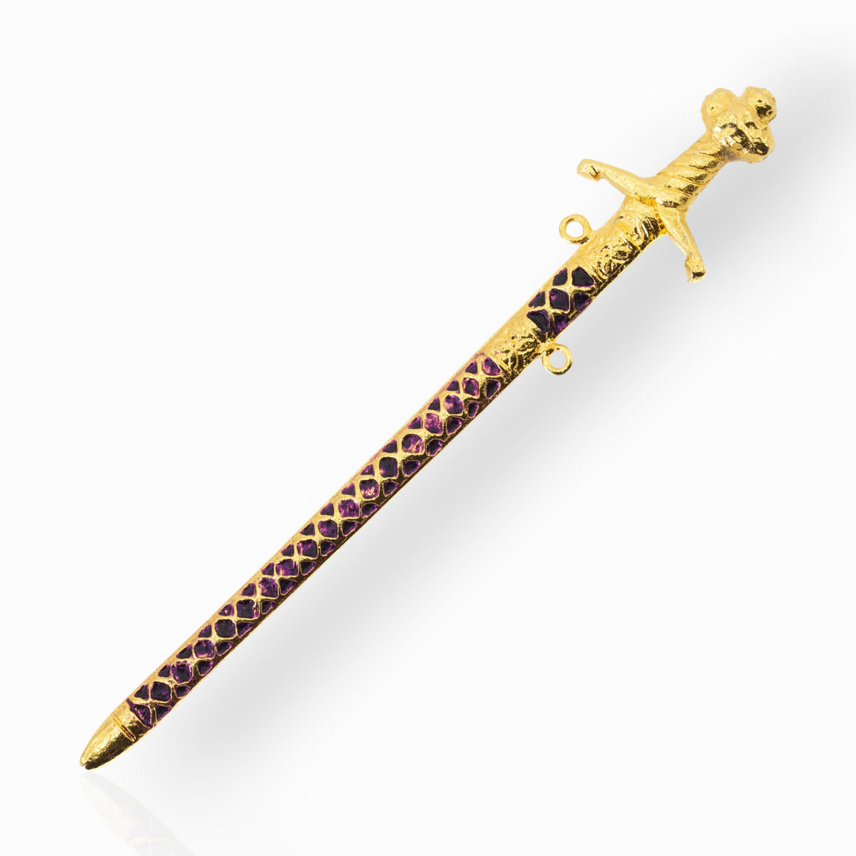 Decorative sword with gold handle and purple enamelling on a white background.