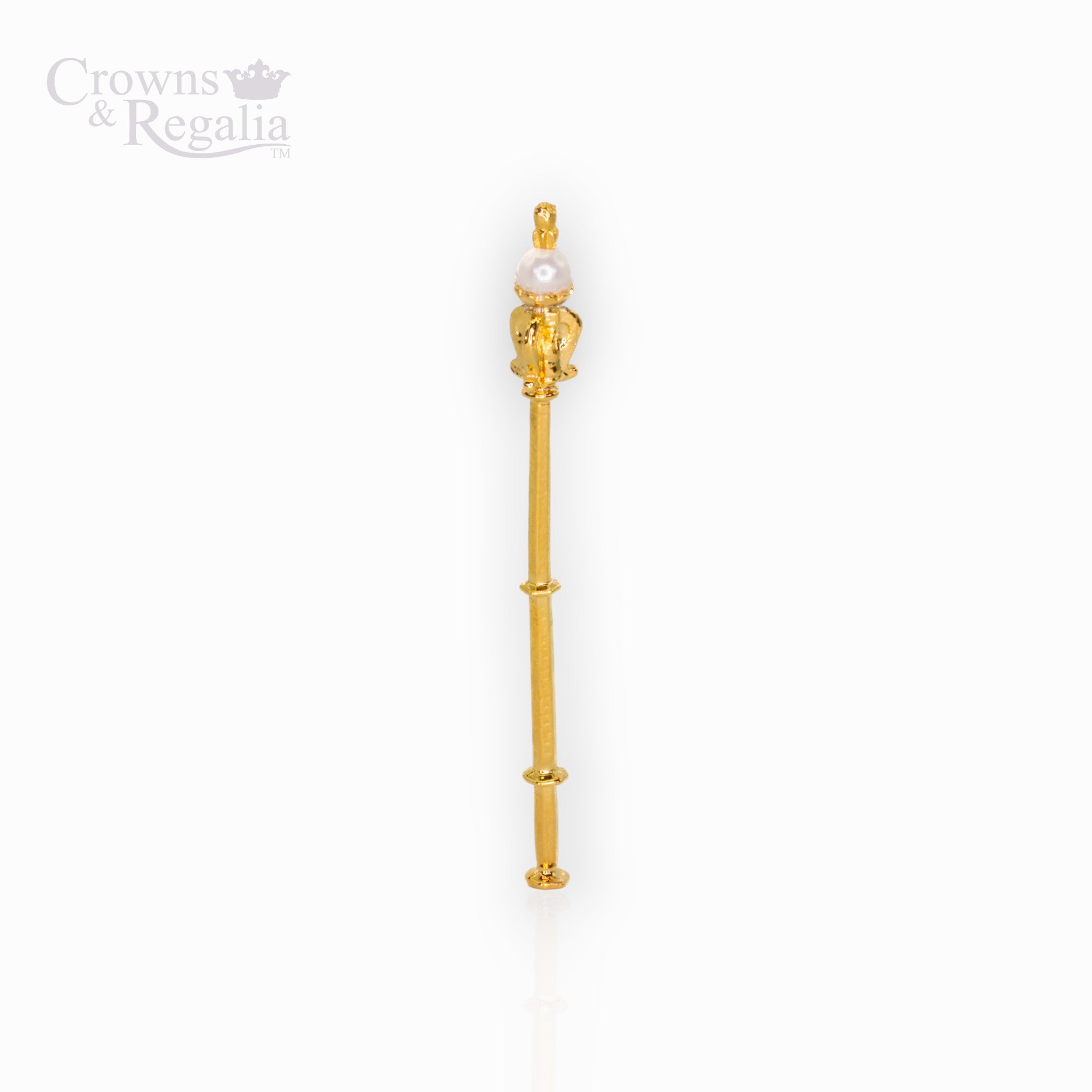 Gold sceptre with pearl on a white background, branded 'Crowns & Regalia'.