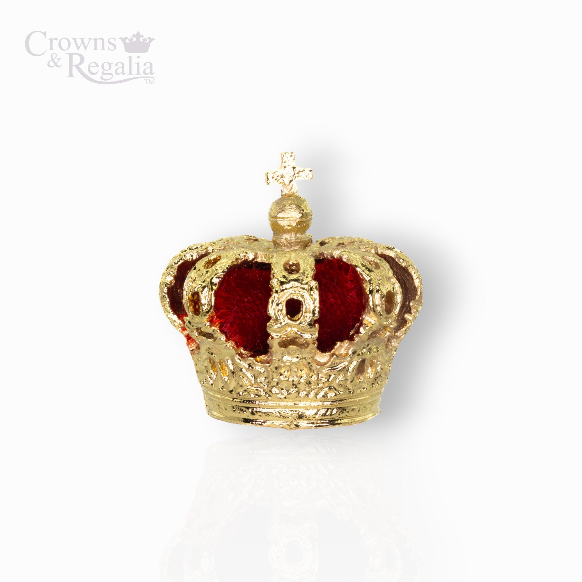 Gold crown with red center on a white background, branded 'Crowns & Regalia'.
