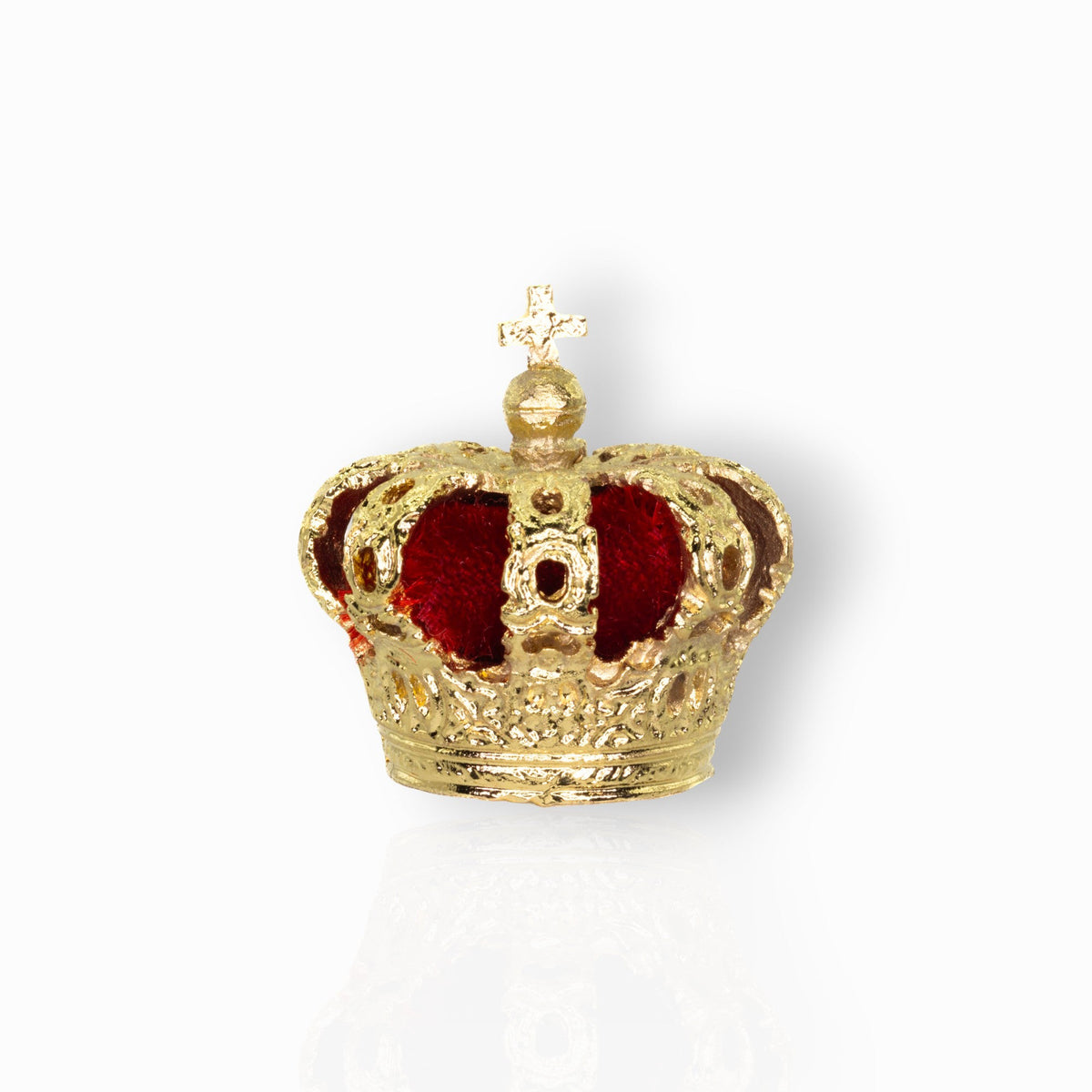 Gold crown with red center on a white background.